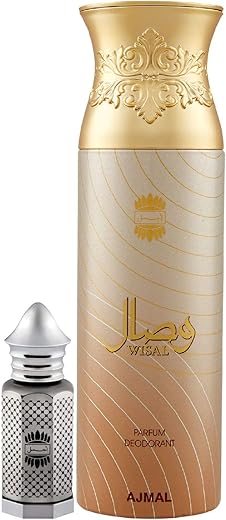 Ajmal Asher Concentrated Perfume Oil Oriental Alcohol-free Attar 12ml for Unisex and Wisal Deodorant Floral Musky Fragrance 200ml for Women