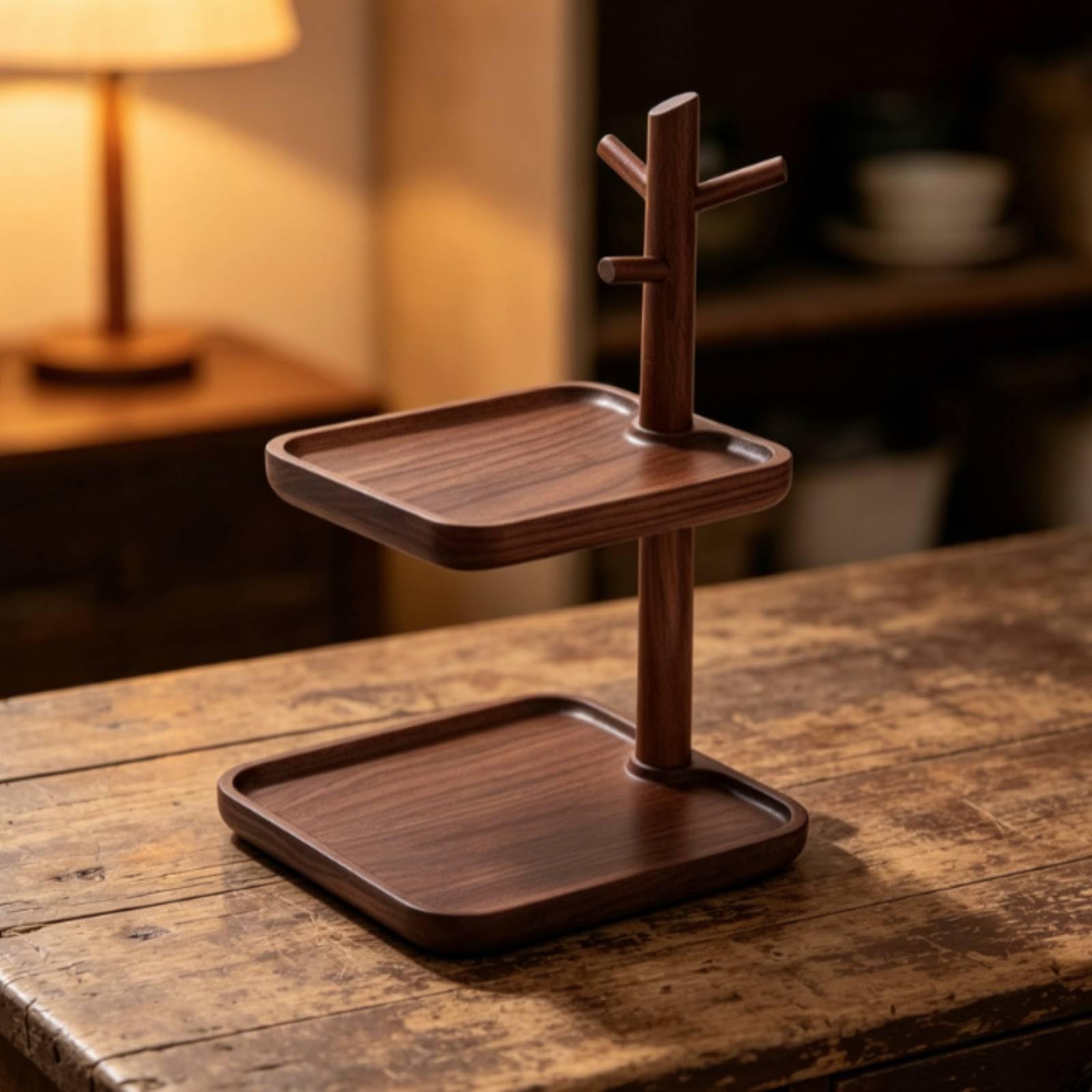 Vassoio Portachiavi in Legno di con Svemptytasche Vassoio Organizzatore Portamonete a Due Ripiani con Colonnina E Ganci per Chiavi E Anelli Adatto per Consolle d'Ingresso Comodino Tavolo