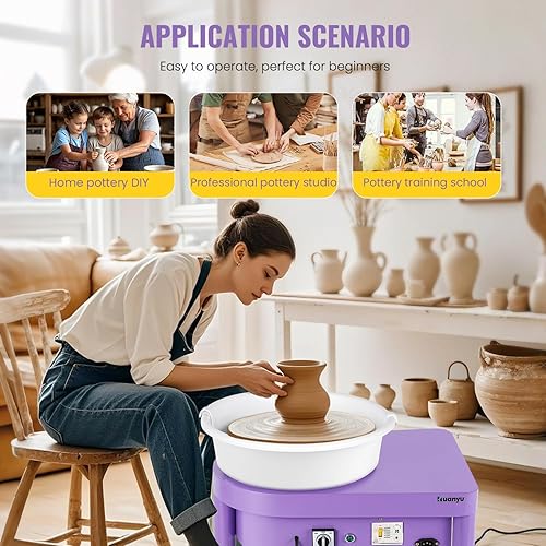 Miniatura 5 de Huanyu Máquina de rueda de cerámica con sistema de murciélago de 12 pulgadas, control de pedal de pie, kit de herramientas de escultura de arte