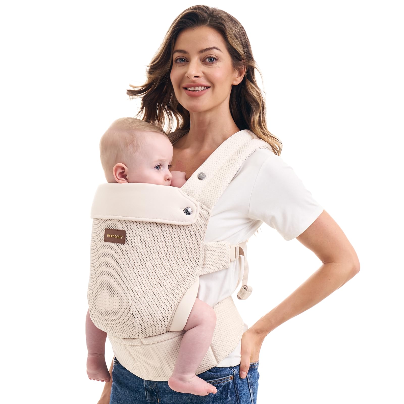 Momcozy Herihuge Baby-Trage - Charmante Jacquard-Webart, Langlebig & Elegant - Ganz-Tages-Komfort für Mütter - Zeitlos-Beige