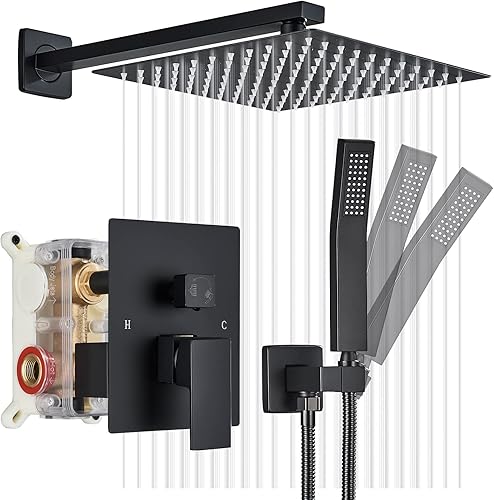 Votamuta Juego de grifo de ducha negro mate, grifo de ducha con cabezal de ducha de lluvia de 10 pulgadas y de mano, juego completo de grifos de