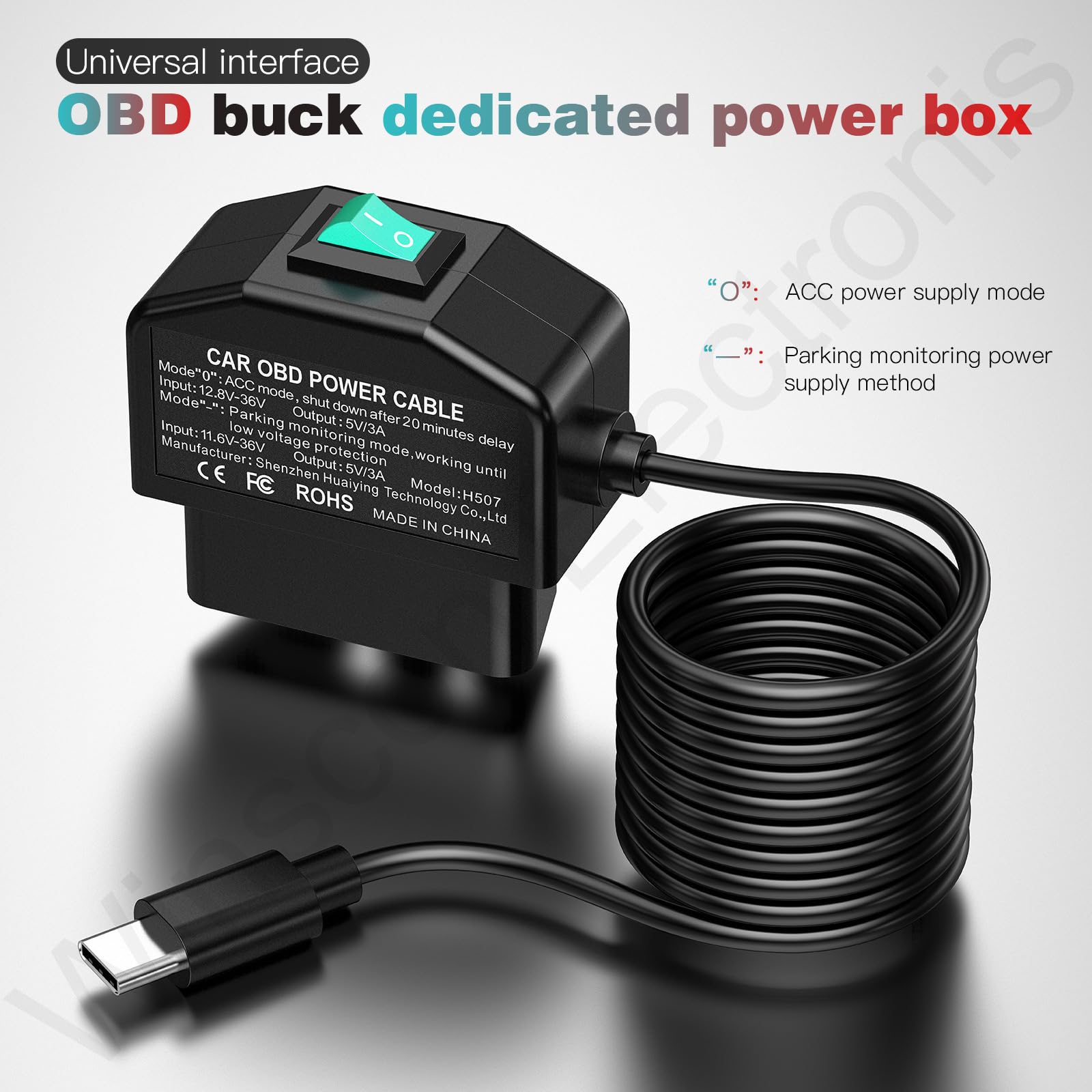 Kit de cableado para cámara de salpicadero OBD, tipo C, kit de cable duro USB C con cable de alimentación OBD para cámara de salpicadero de 12-24 V a 5 V/3 A con protección de bajo voltaje, vigilancia