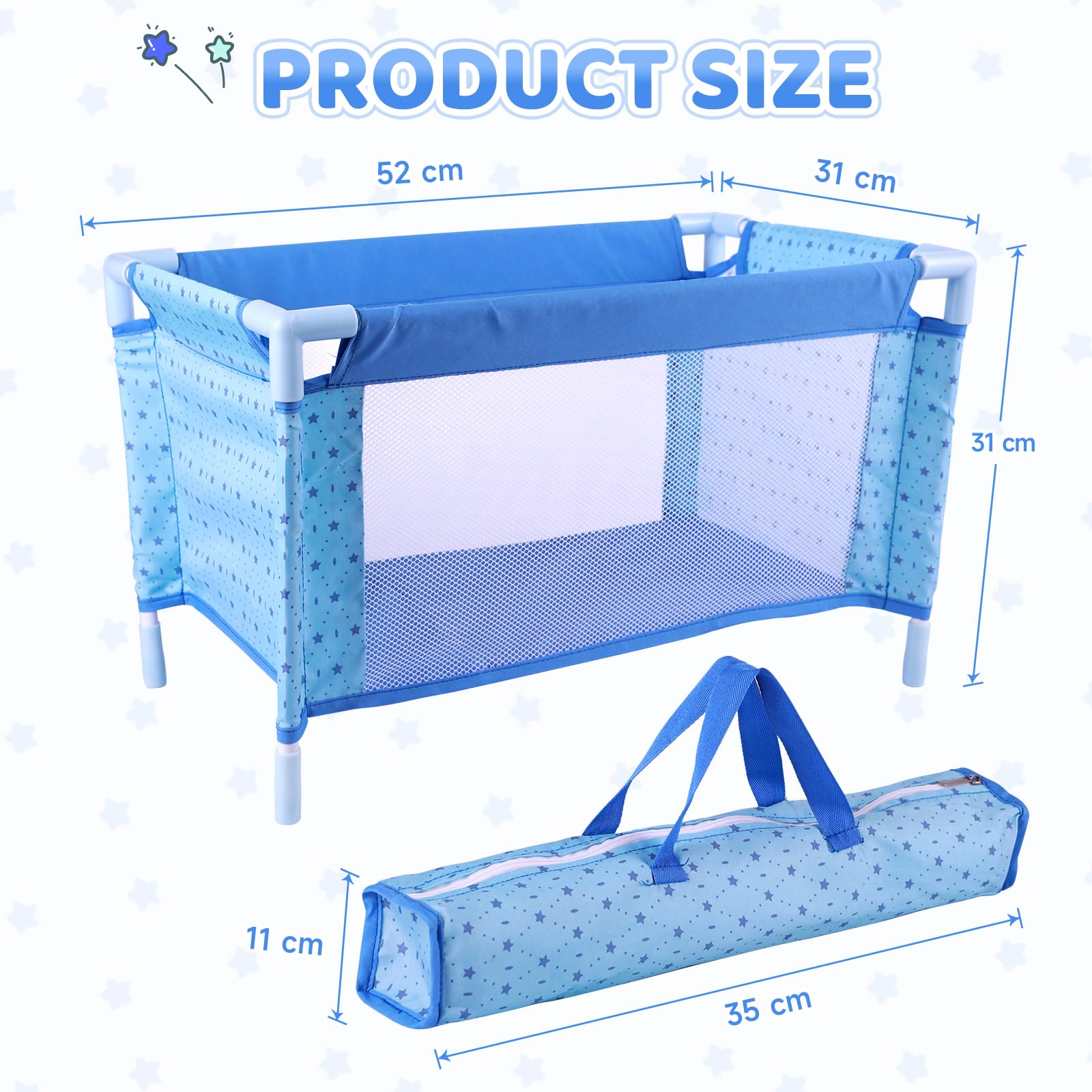 BABESIDE Baby Doll Crib, Baby Doll Bed for 17-21 Dolls, Foldable Baby Doll Playpen Toy Crib, Reborn Baby Doll Accessories with Storage Bag, Doll Pack n Play Kids Gift (Blue)
