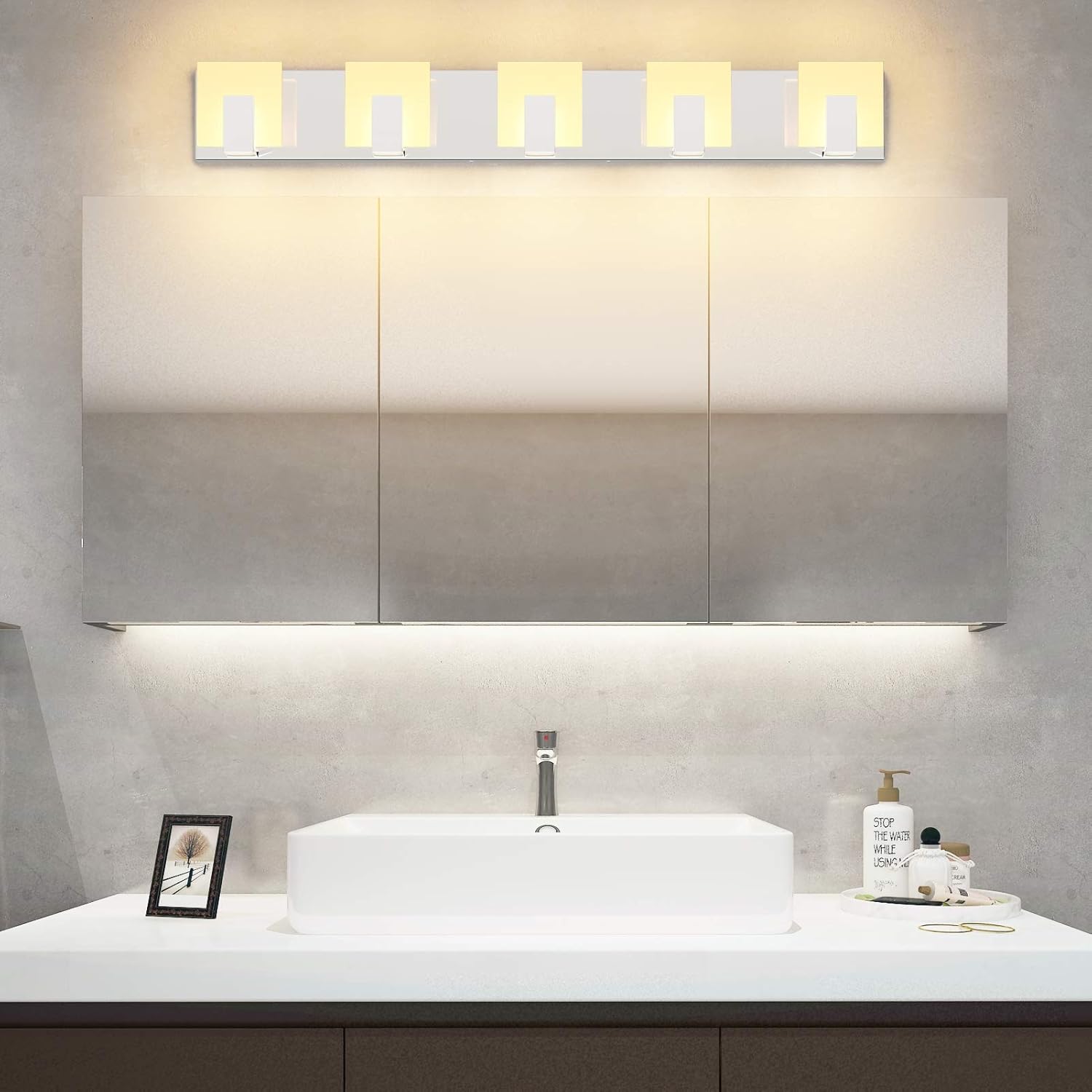 Promo 40% OFF Aipsun 5 Lights Modern LED Bathroom Vanity Light Acrylic Stainless Steel Chrome Up and Down Bathroom Wall Light Over Mirror(Warm Light 3000K)