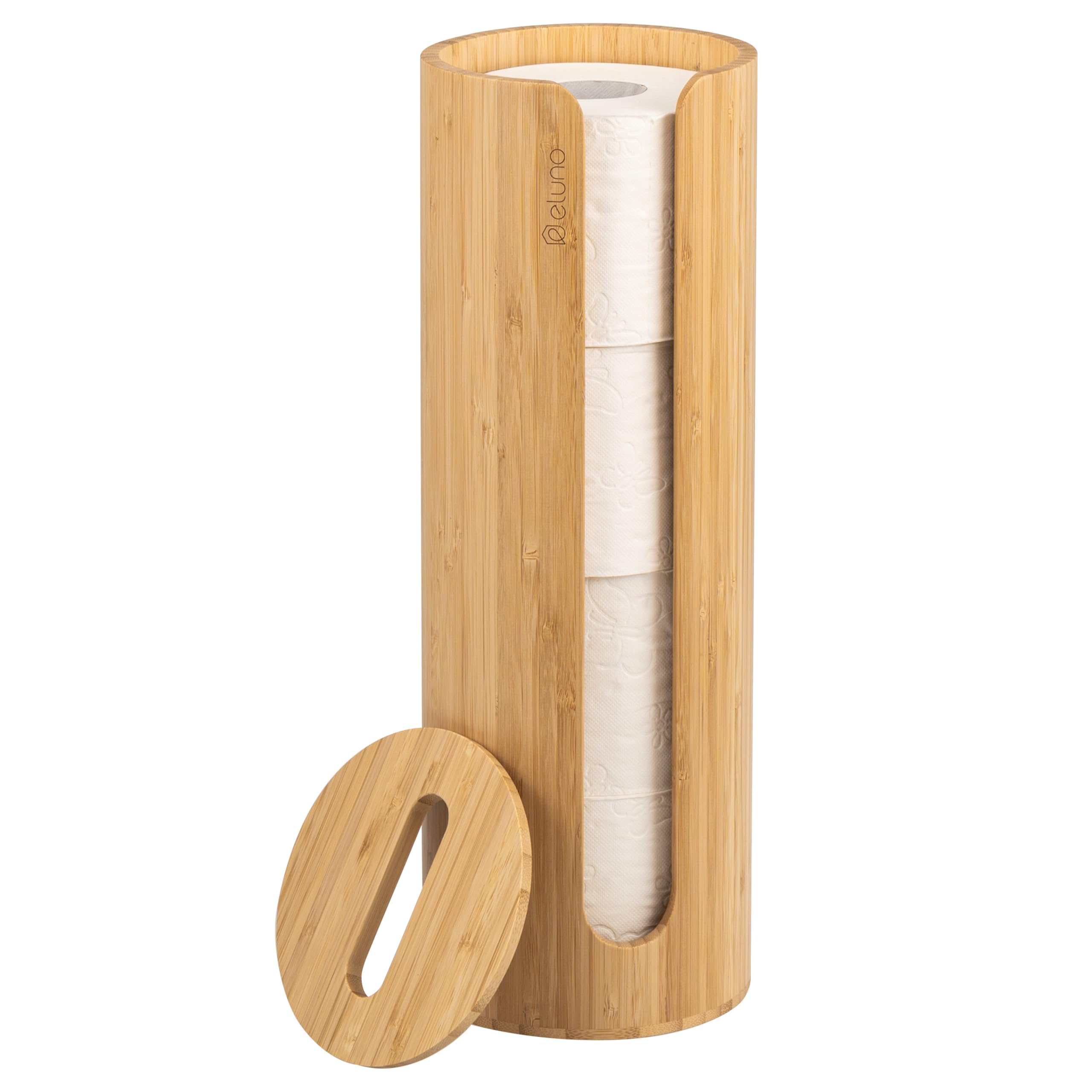 Eluno Rangement pour 4 rouleaux de papier toilette en bambou, porte-rouleau autoportant avec couvercle et étagère