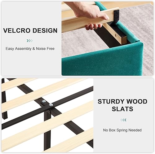 Miniatura 6 de VECELO Base de cama tamaño matrimonial tapizada con cabecera de tela, soporte de listones de madera, no necesita somier, base de colchón, color