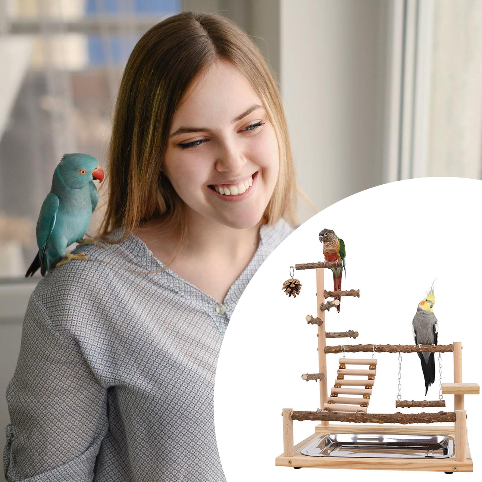Parco Giochi per Pappagalli in Legno con Tazze e Vassoio, Trespolo per Uccelli, 37 x 26 x 37 cm