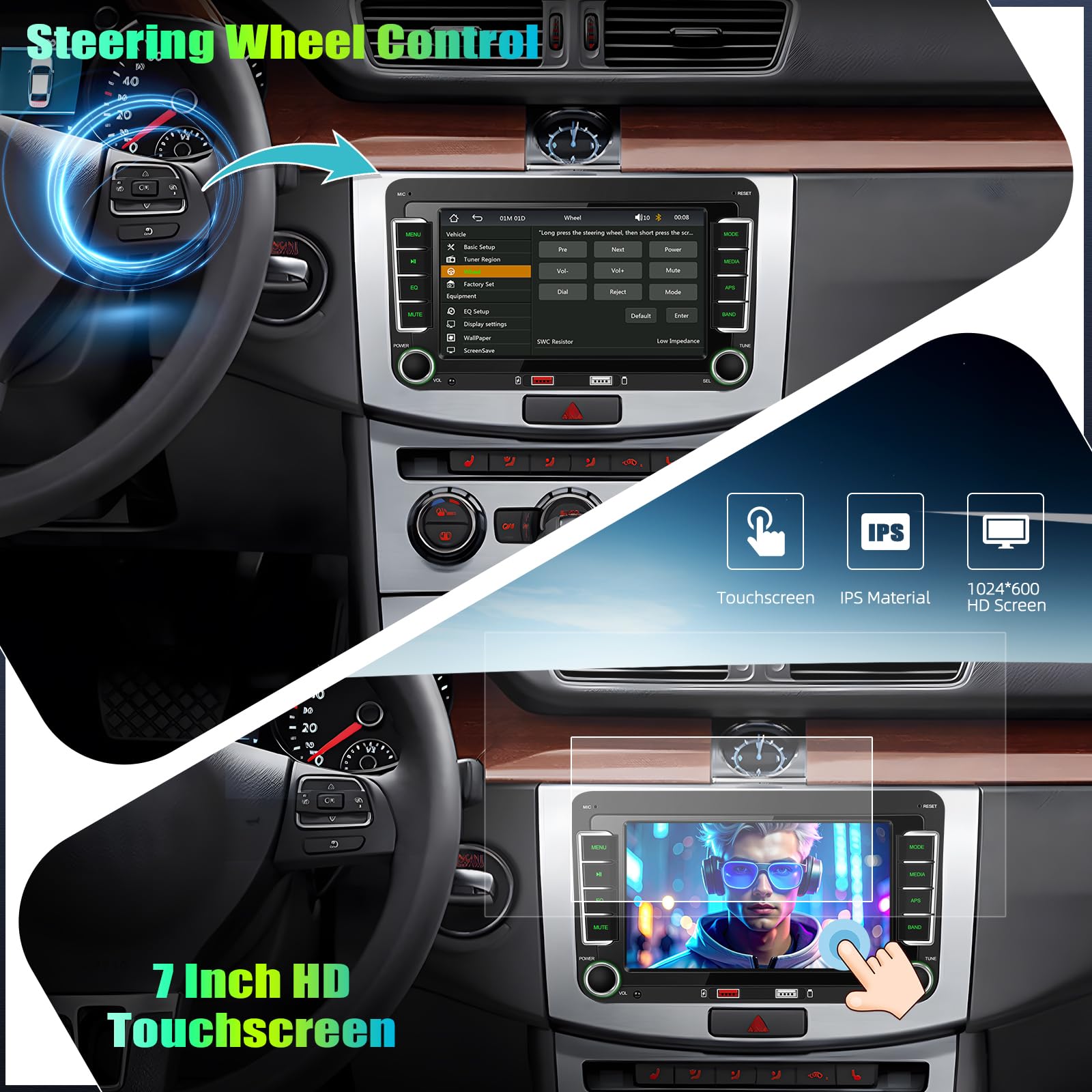 CAMECHO Samochód samochodowy 7" Carplay VW do Golf 5 6 Polo Passat Seat Touran Skoda Tiguan z kamerą cofania, radio Bluetooth z bezprzewodowym systemem Android Auto FM RDS 2USB EQ Sound SWC + ekran
