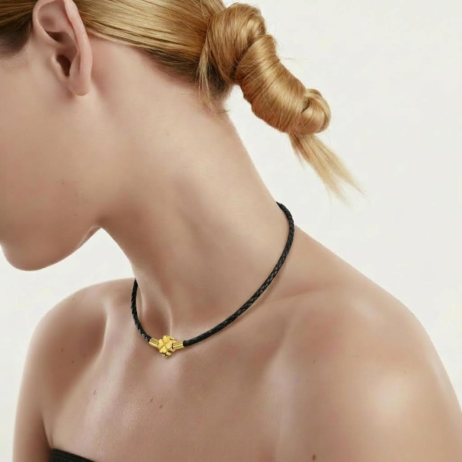 Leporem Double Wrap Braided Leather Bracelet 18K Gold Plated Surgical Steel Four Leaf Clover Push Lock Clasp Luxury Lucky Jewelry Choker Gift Set