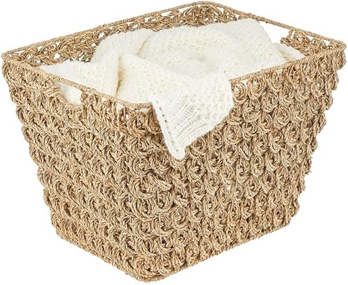 Miniatura 5 de mDesign Cesta de almacenamiento para el hogar de hierba marina bohemia tejida con asas, cesta decorativa rectangular trenzada para lavandería,