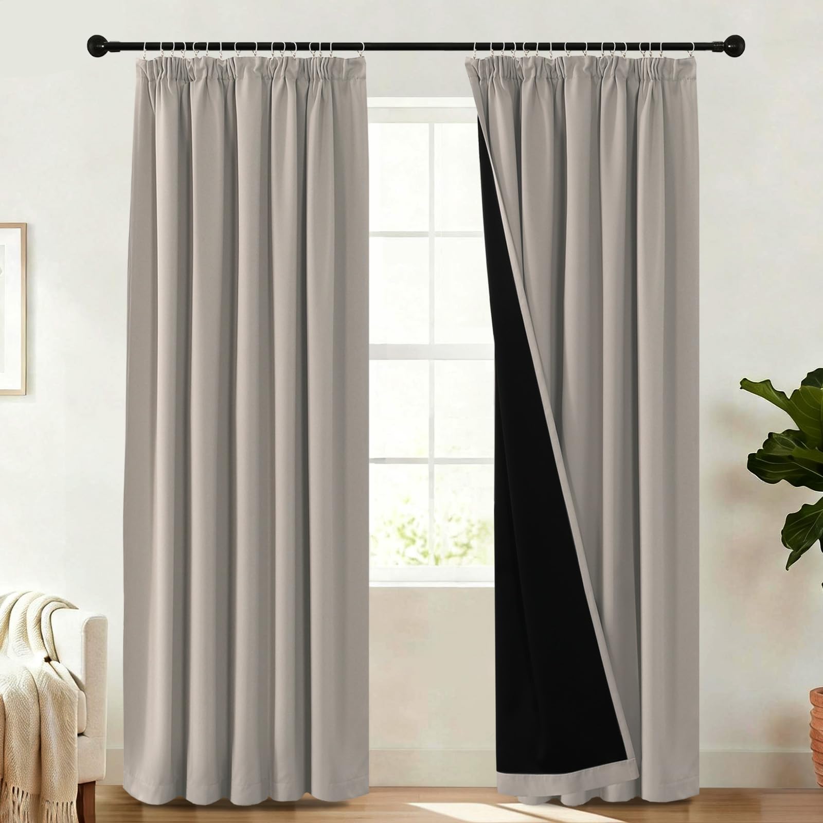 BellaHills 100% Blackout Curtains for Bedroom Thermal Insulated Curtains & Drapes for Living Room Black out Window Curtain with Hooks Pencil Pleat Back Tab Rod Pocket 2 Panels, W90 X L90, Natural Sand