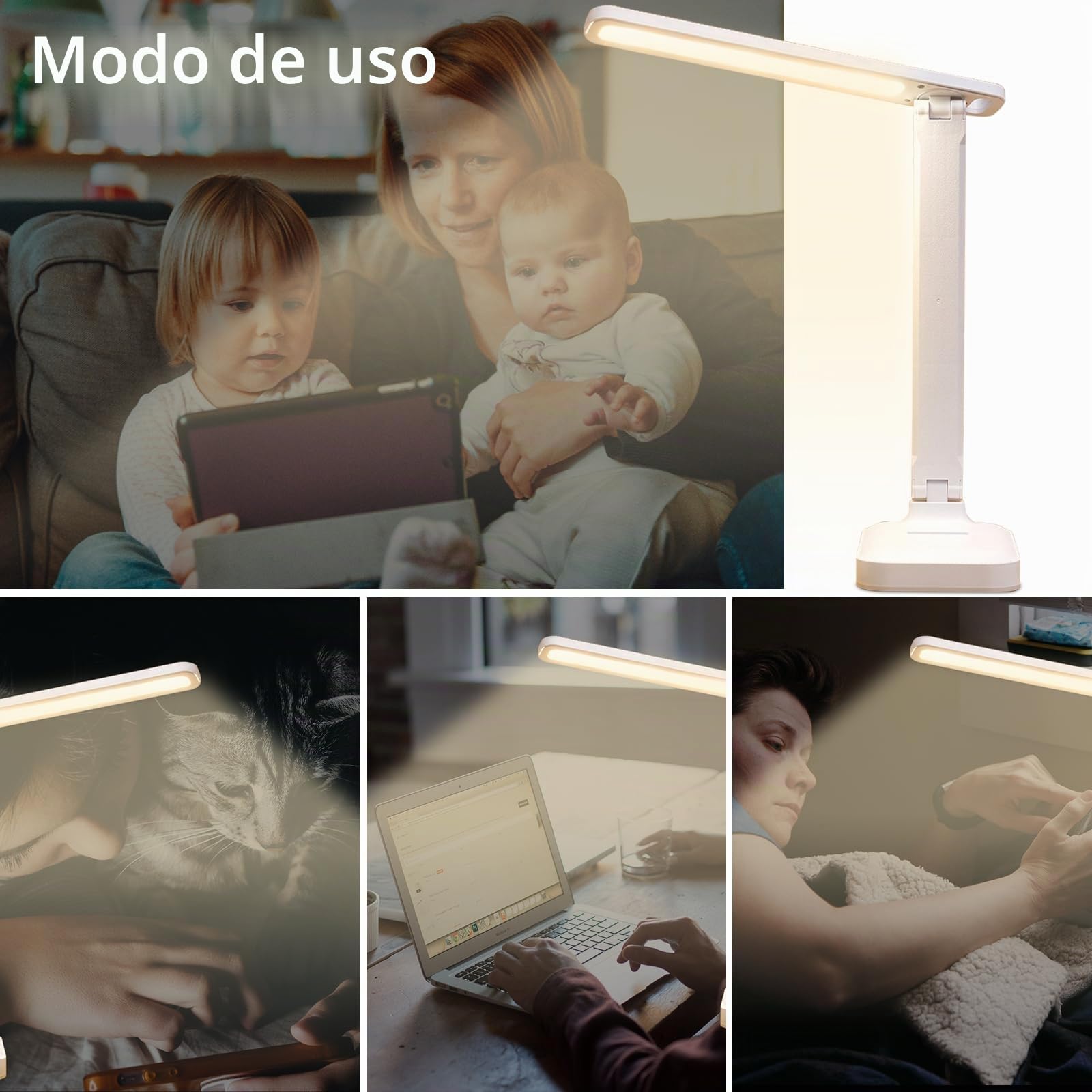 Lámpara Escritorio LED, Plegable, 3 Modos y 5 Niveles de Brillo,Control Táctil Flexo Lámpara de mesa Cuidado de Ojos para Cama,Oficina,Leer,Estudiar,Luz Nocturna