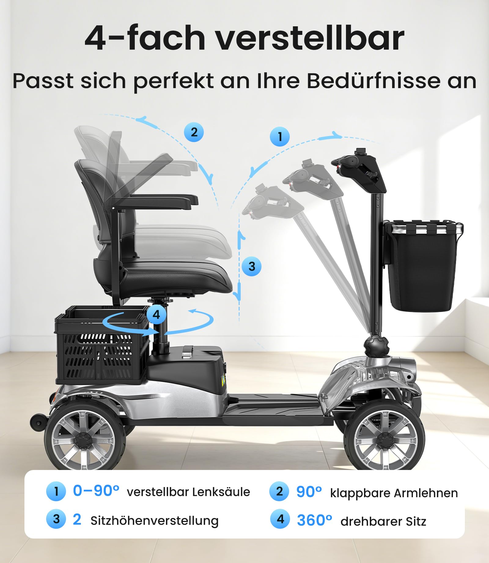 VOCIC D35 Seniorenmobil klappbar 35KM, 40L Doppelten Korb Elektromobil für Senioren bis 136KG, mit 20CM großen Rädern, 40L Doppelten Korb ergonomischer verstellbarer Sitz abnehmbarer Akku, Grau Silber