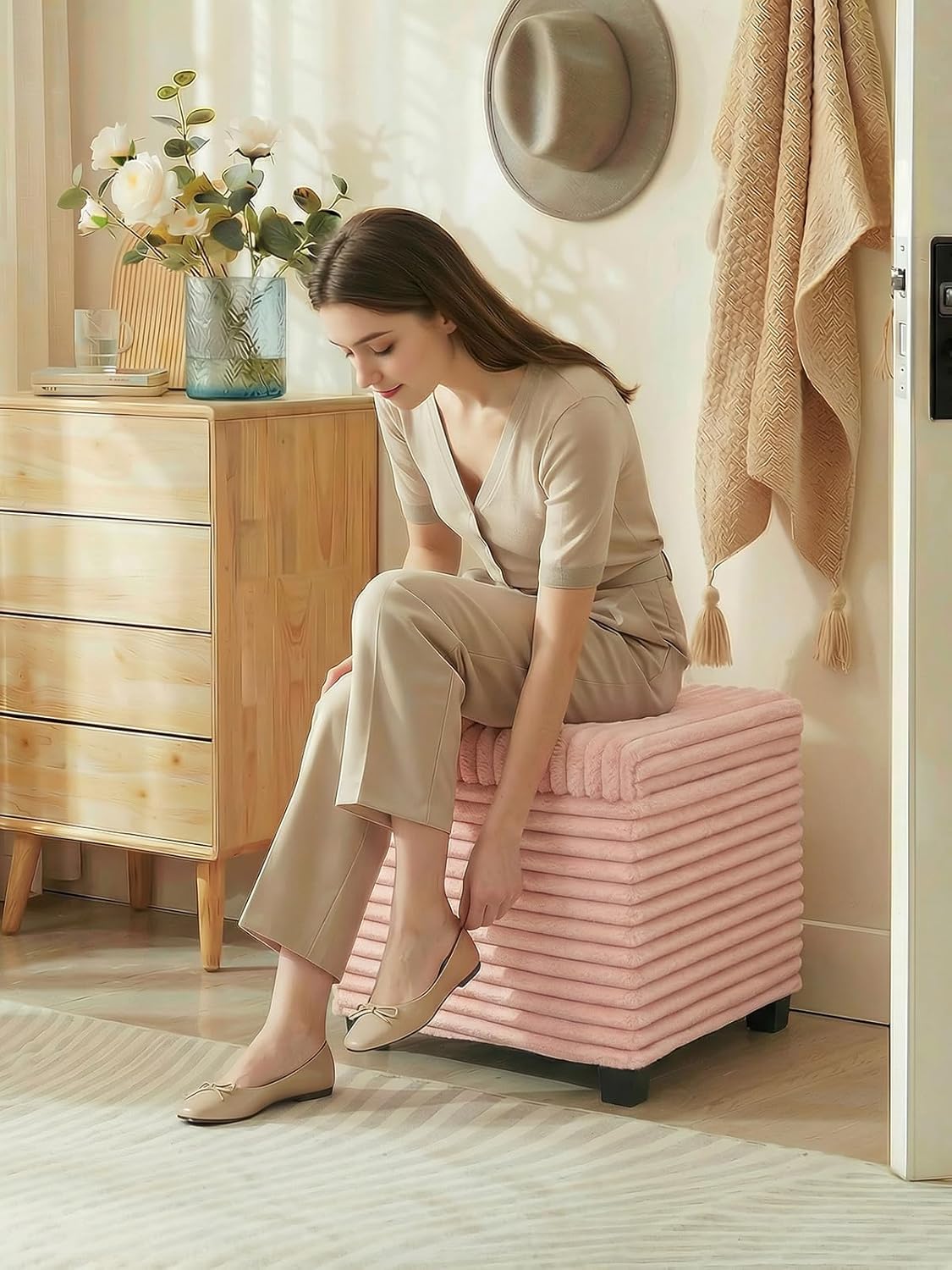 ABHENG 17.7 inches Faux Fur Ottomans Cube with Legs, Metal Framed Vanity Stool Chair Storage Ottoman Foot Rest Stool, Holds 770 LB for Dorm Living Room Bedroom Pink UASND643P