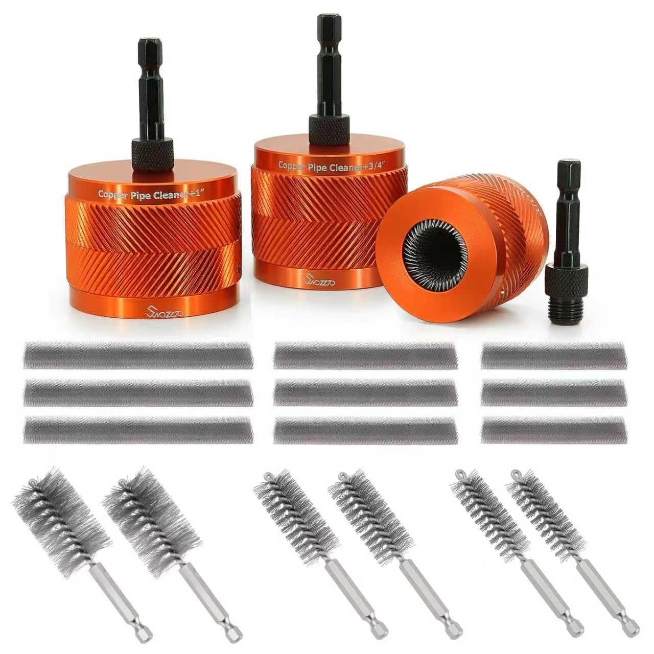 1/2" &amp; 3/4" &amp; 1" Metal Copper Pipe Cleaner,with 9PCS Replacement Brushes