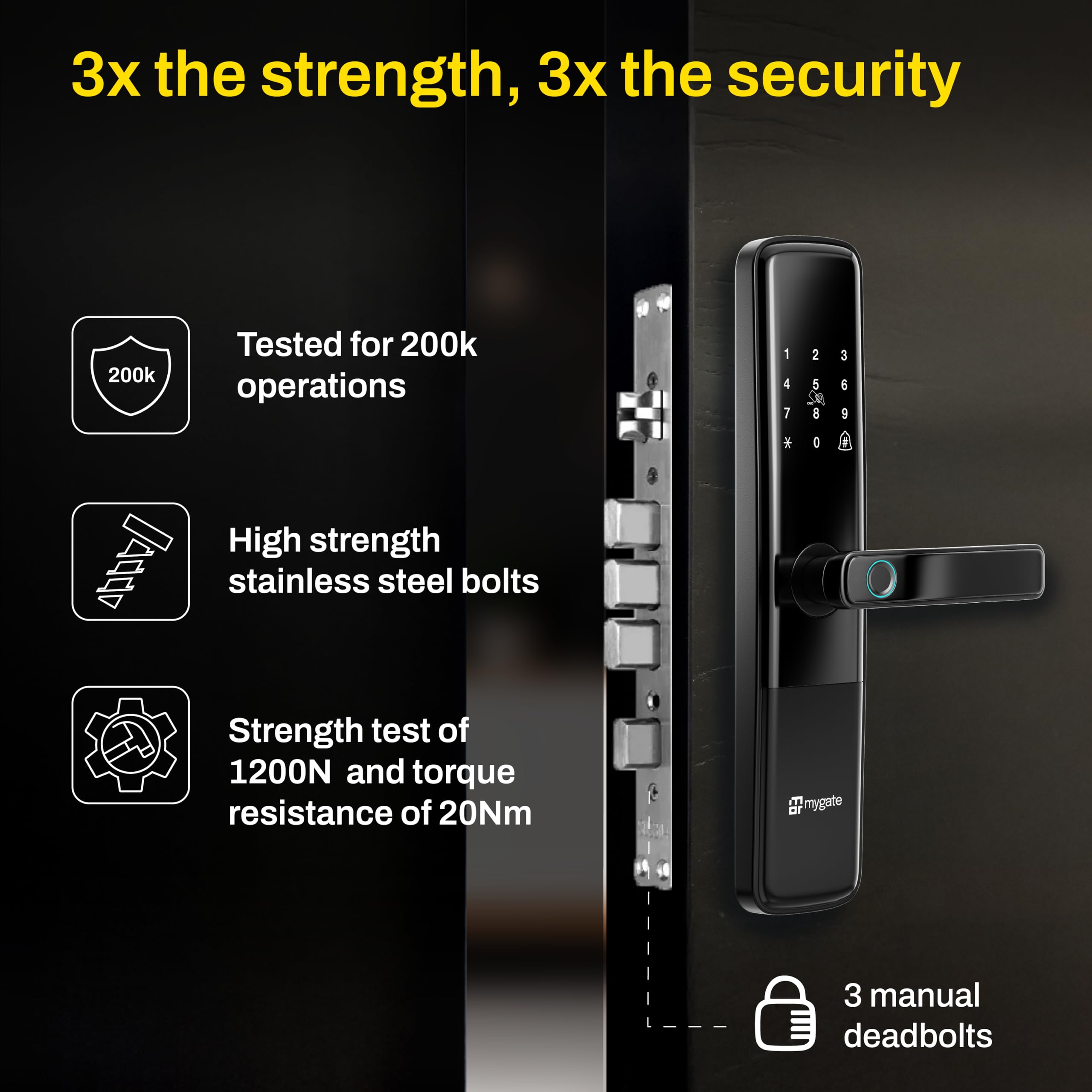 Mygate Smart Door Lock Plus (2026 Model) with 6-Way Unlock | Fingerprint, PIN, Mobile App, RFID Card, Manual Keys | Remote Unlocking via OTP | for Main Wooden Doors (Glossy Black) 2