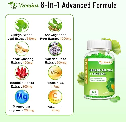 Miniatura 3 de Ginkgo Biloba Gomitas con ginseng y magnesio, Ginko Biloba suplementos gomitas para enfoque cerebral, estado de ánimo y memoria para adultos, 60