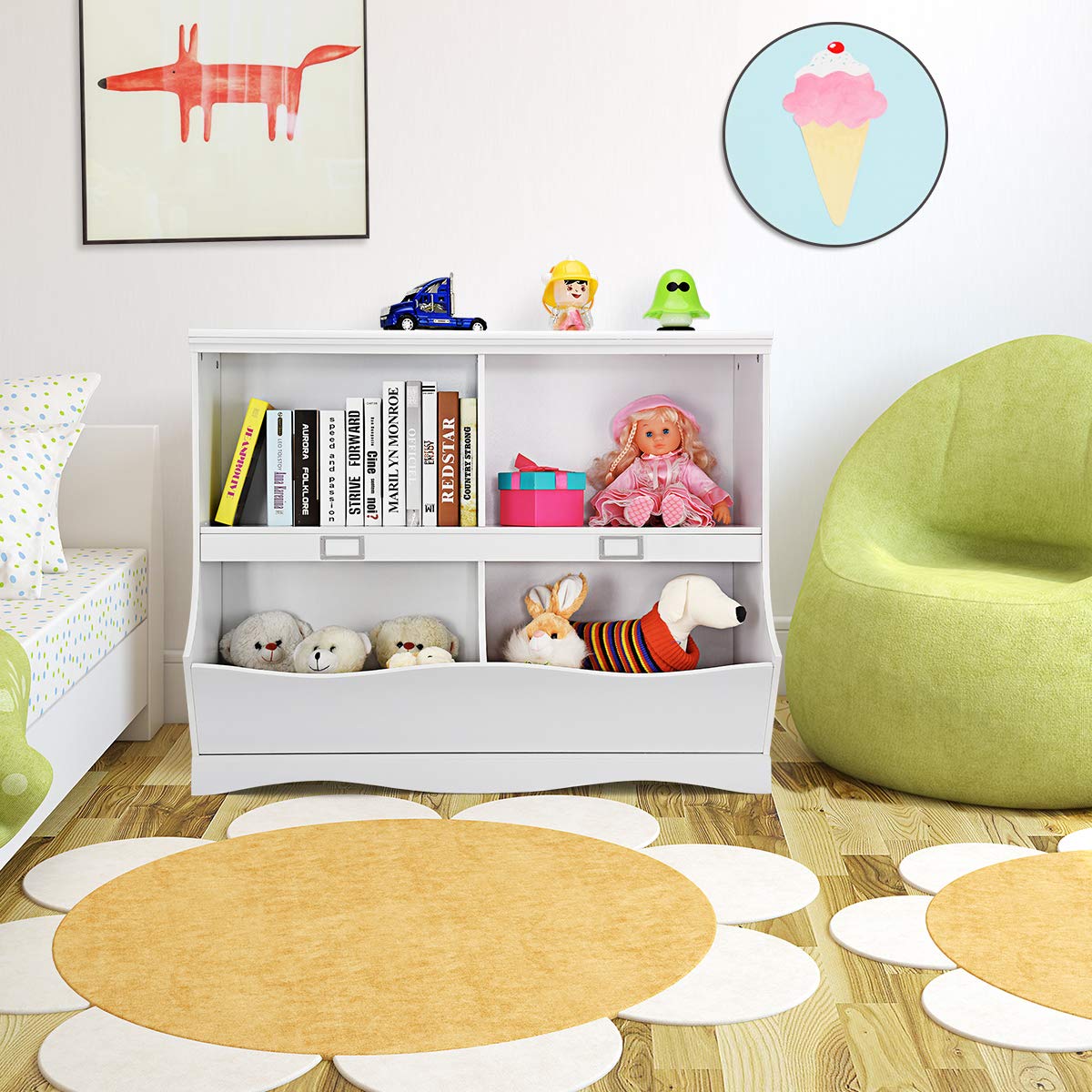 KOMFOTTEU Kinder Bücherregal groß, Spielzeugregal Kinderzimmerregal aus Holz, Spielzeugschrank mit 4 Aufbewahrungsfach, Kinderregal Organizer für Kinderzimmer Spielzimmer 105,5x39,5x84 cm Weiß
