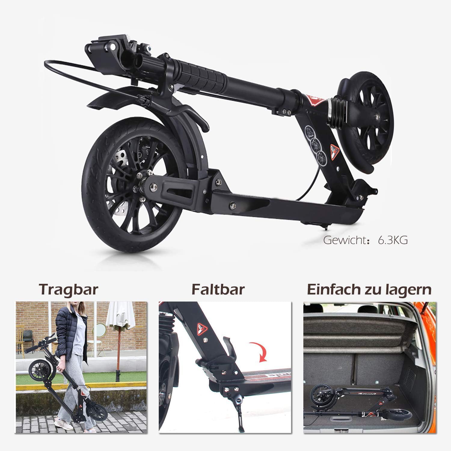 ISE Roller 200mm Big Wheel Scooter mit Doppelbremse & Federung - Klappbarer Cityroller für Erwachsene & Kinder Höhenverstellbarer Tretroller bis 100kg, inkl. Tragegurt & Handbremse