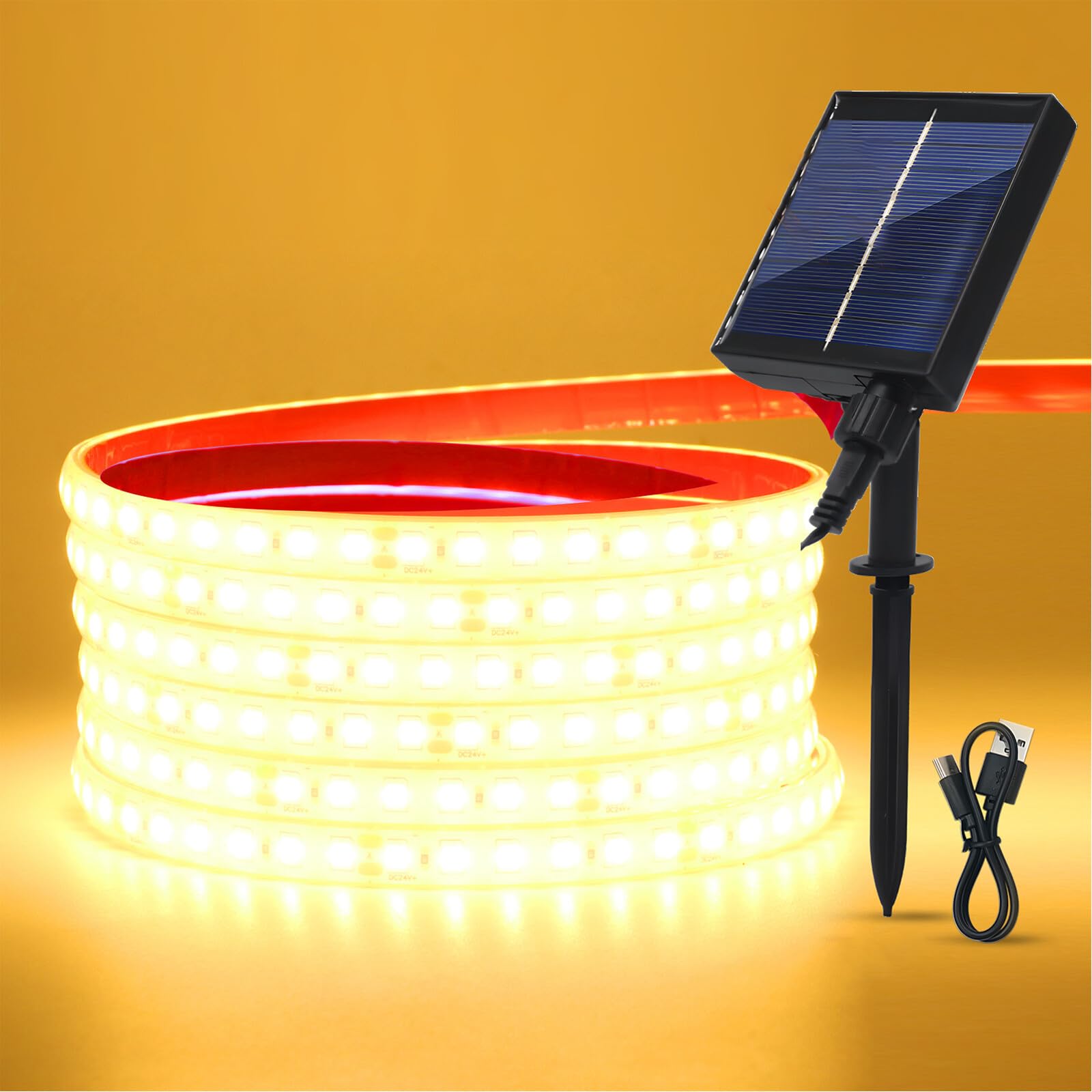 GQL 24V Solar/USB LED Strip Lights - IP68 Waterproof 2835 SMD 120LEDs/m, 8-Mode Controller for Indoor Outdoor Decoration (Warm White,0.5m)