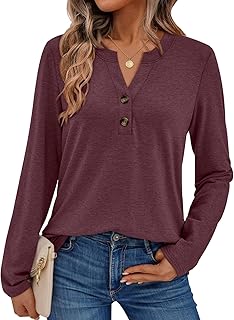 AUTOMET Camisas de manga larga para mujer, a la moda de otoño, elegantes, casuales, blusas Henley de moda, lindas prendas de trabajo