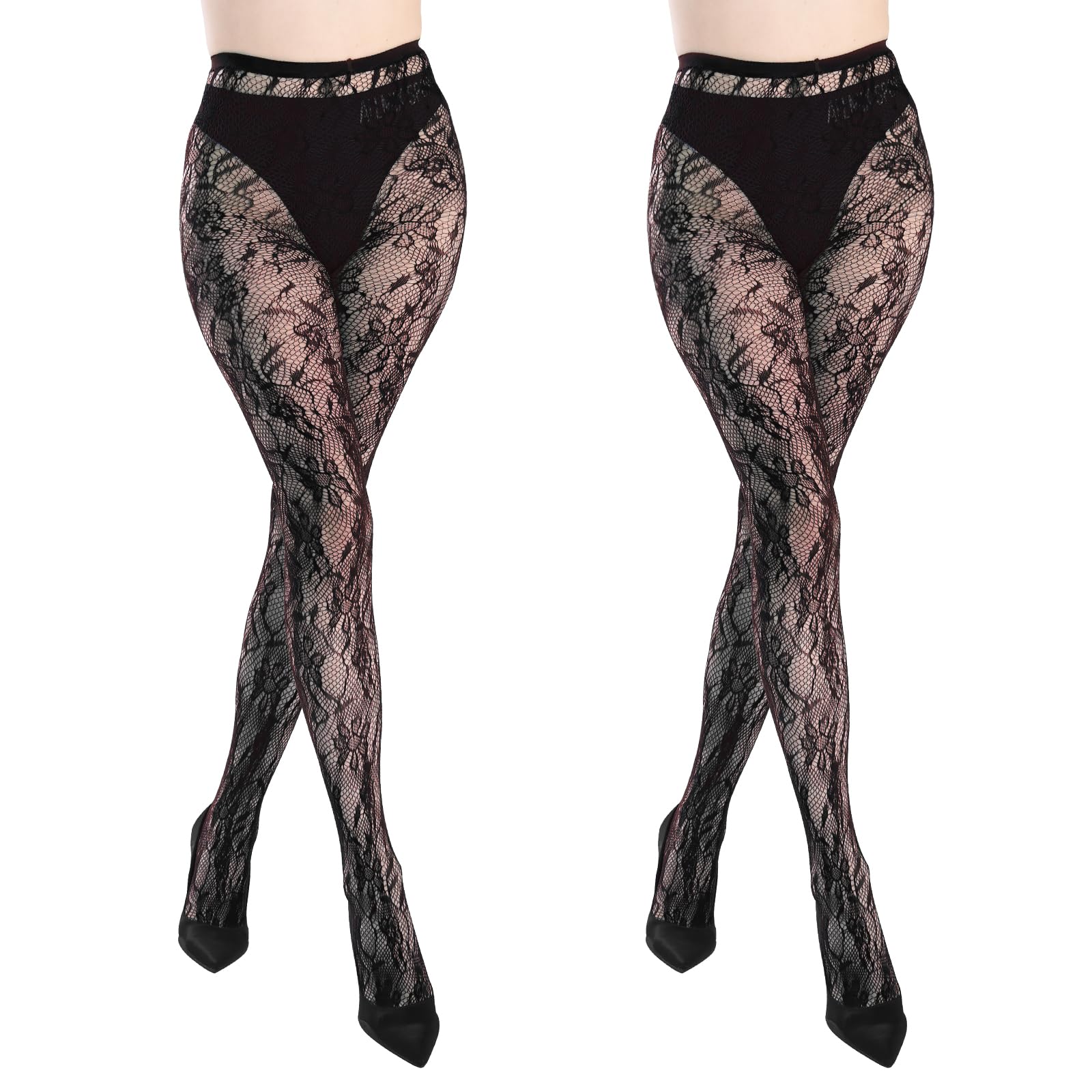 SIMYJOY Strumpfhosen Damen Muster 2 Paar Mode Netzstrumpfhose Schwarz mit Spitzen Gemusterte Strumpfhose Damen Spitzenstrumpfhose Muster (Netz & Spitze Design)