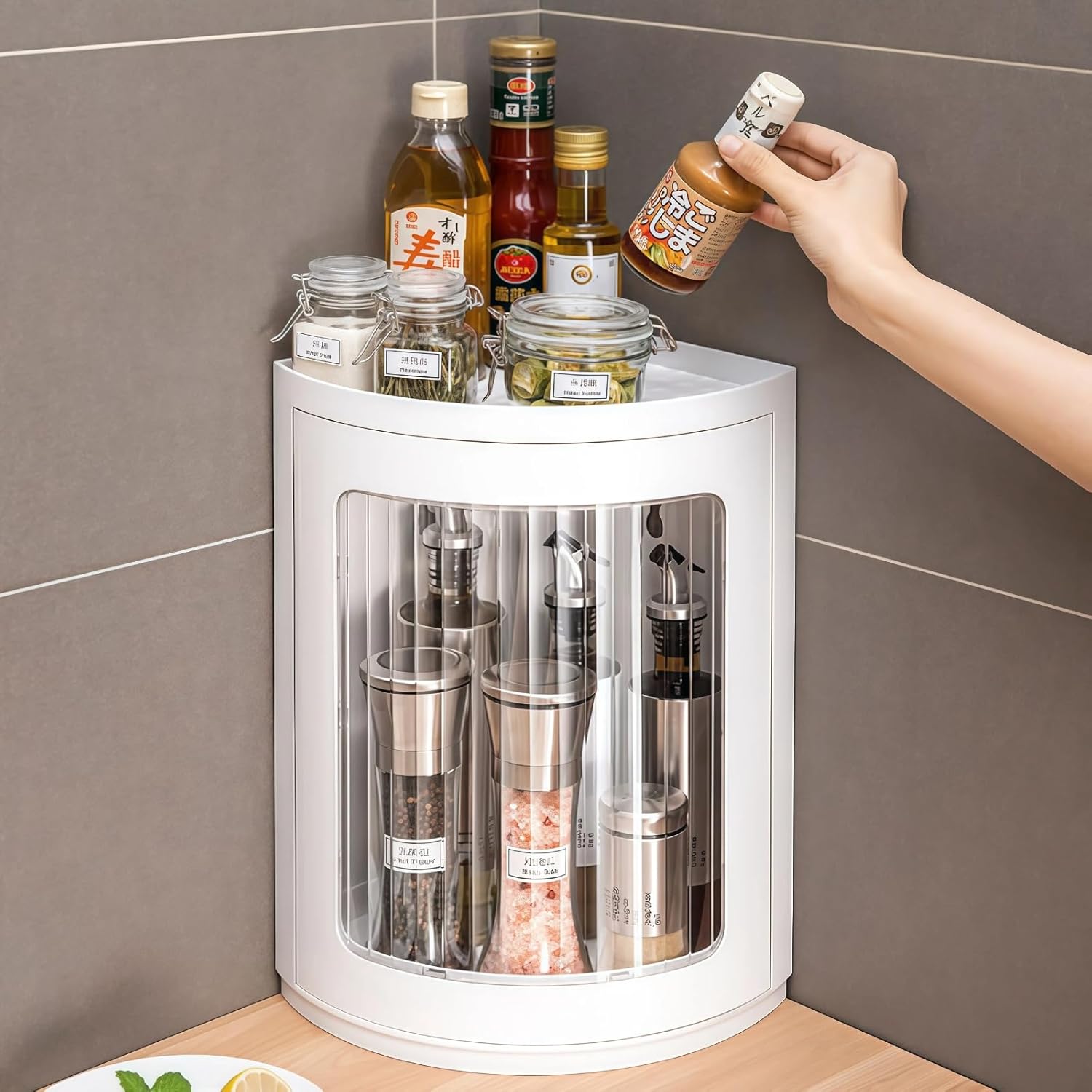 Wall Mounted Corner Spice Rack –360° Rotating Kitchen Organizer with Clear Visibility,No Drilling Required, Stackable Design for Oil, Salt, Sauce – Multi-Purpose Storage for Kitchen, Bathroom,Cabinet