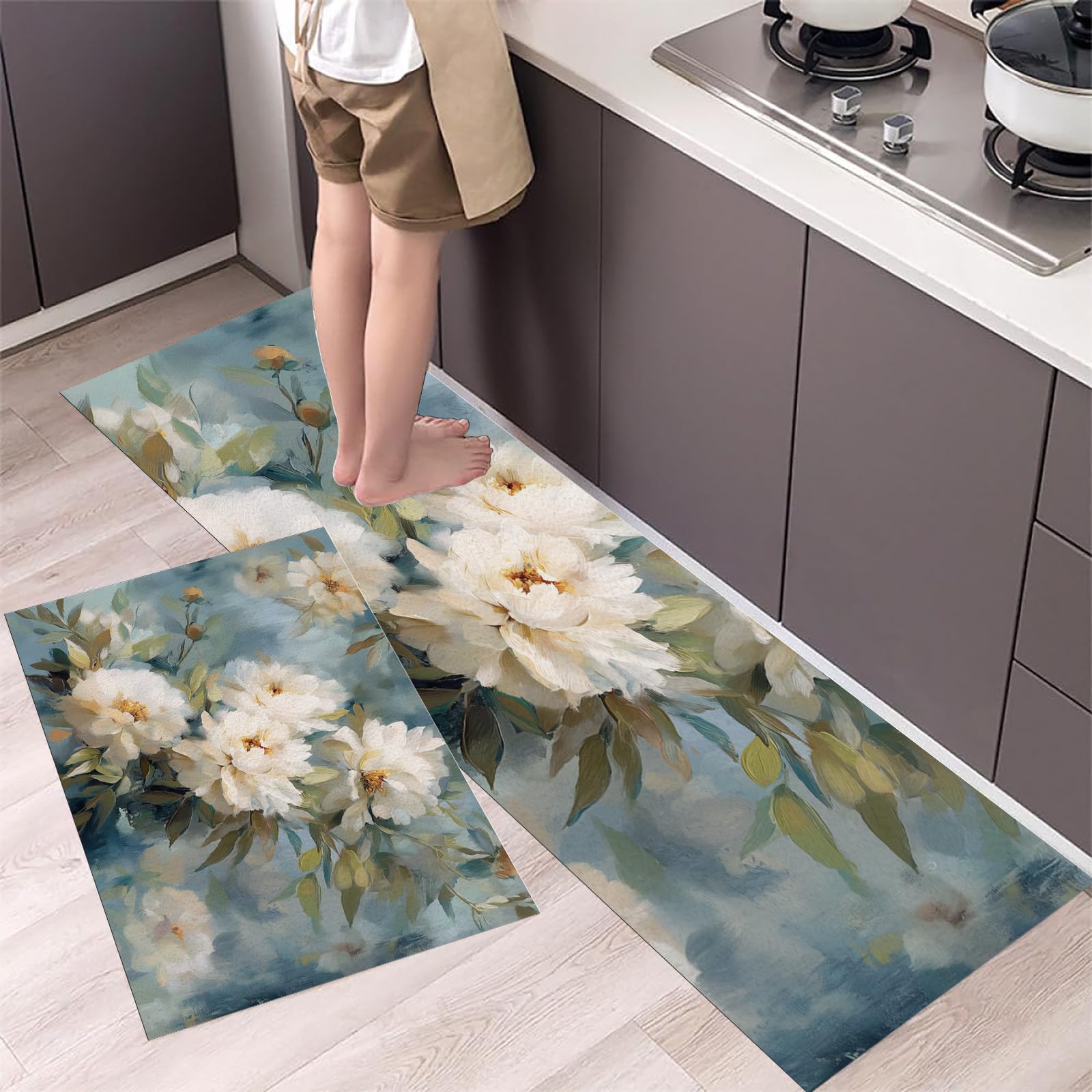 Tapis de cuisine antidérapants lot de 2 absorbants à motif pivoine blanche 50x80 50x120 cm