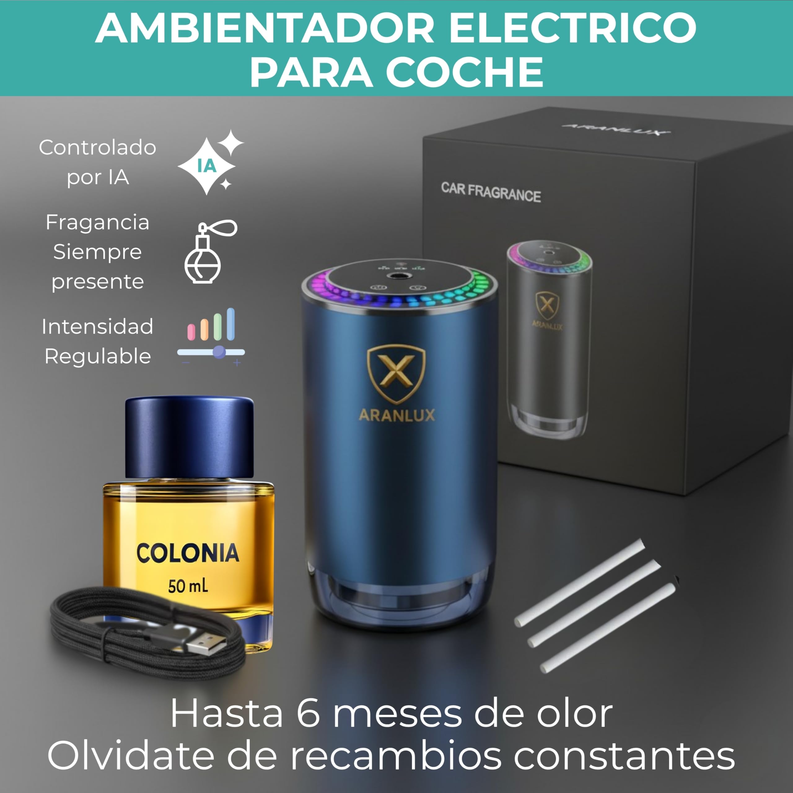 Ambientador de coche eléctrico 50ml - XL Larga duracion, intensidad regulable e ideal para viajes diarios, vacaciones y vehículos profesionales - Ambientador Inteligente para coche(Colonia)