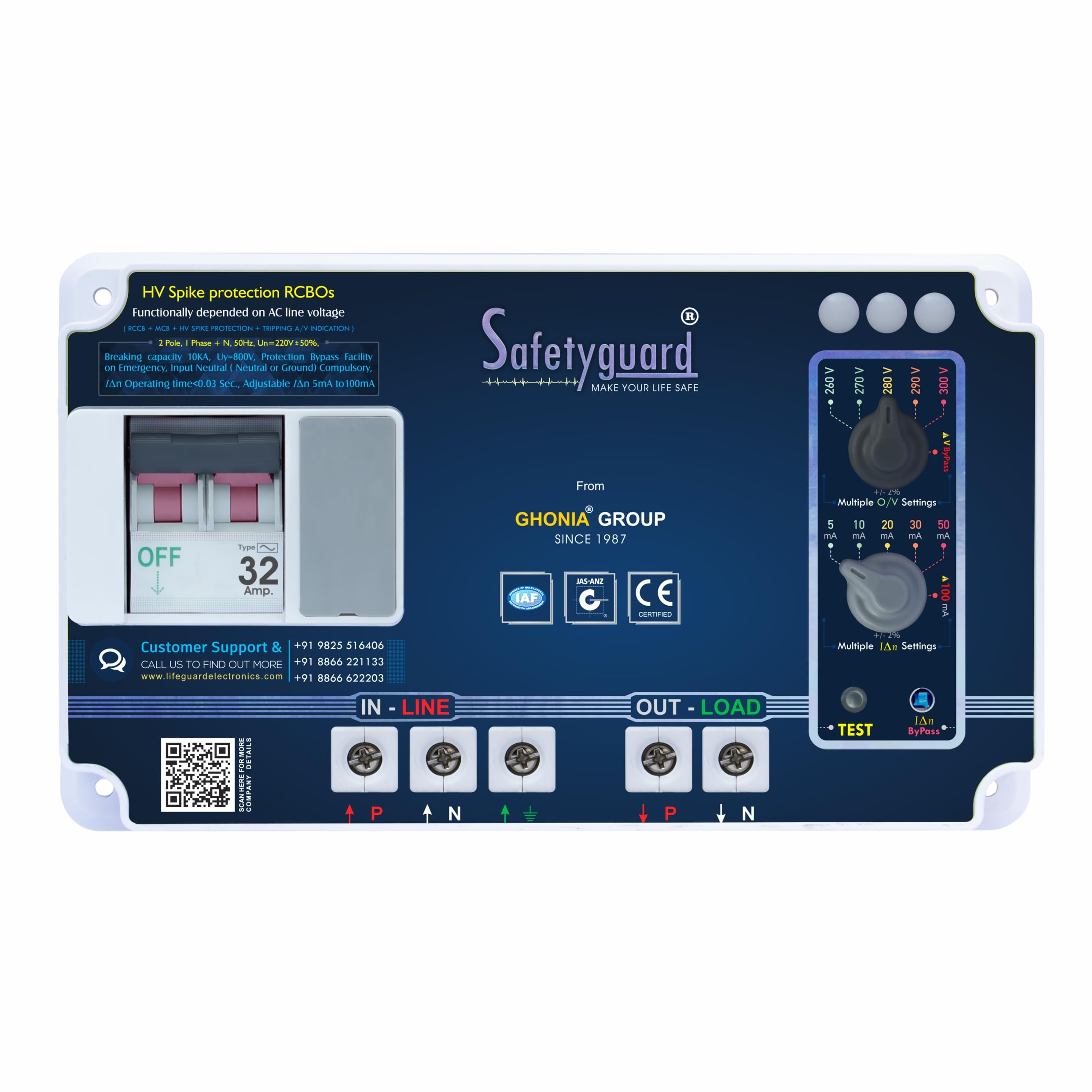 Safetyguard DPS Single Phase 2 Pole Advance Circuit Breaker | Adjustable Over Voltage Protection | Tripping Siren With LED Light | ABS Body (SG DPS 32 Amp)