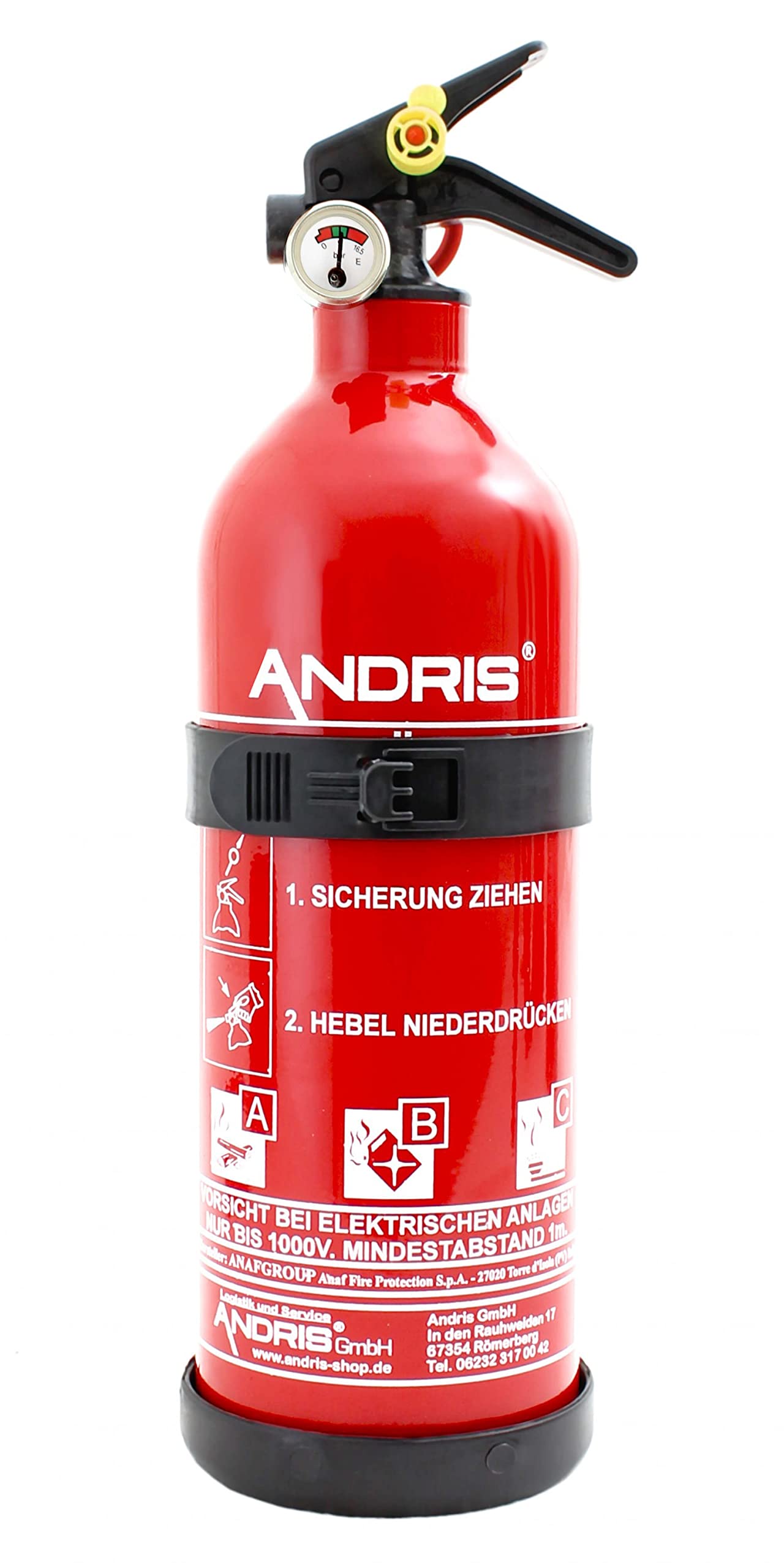 4X Orig. ANDRIS® Marken-Feuerlöscher 1kg ABC Pulverlöscher mit Manometer EN 3 inkl. Auto/KFZ Boot Halterung, ANDRIS® Prüfnachweis mit Jahresmarke & ANDRIS® ISO Symbolschild Folie