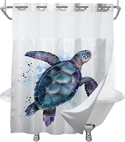 Vista 227 de Cortina de ducha de tortugas marinas, temática náutica de playa, verde y verde azulado, sin ganchos, punto gofre y forro desmontable, decoración