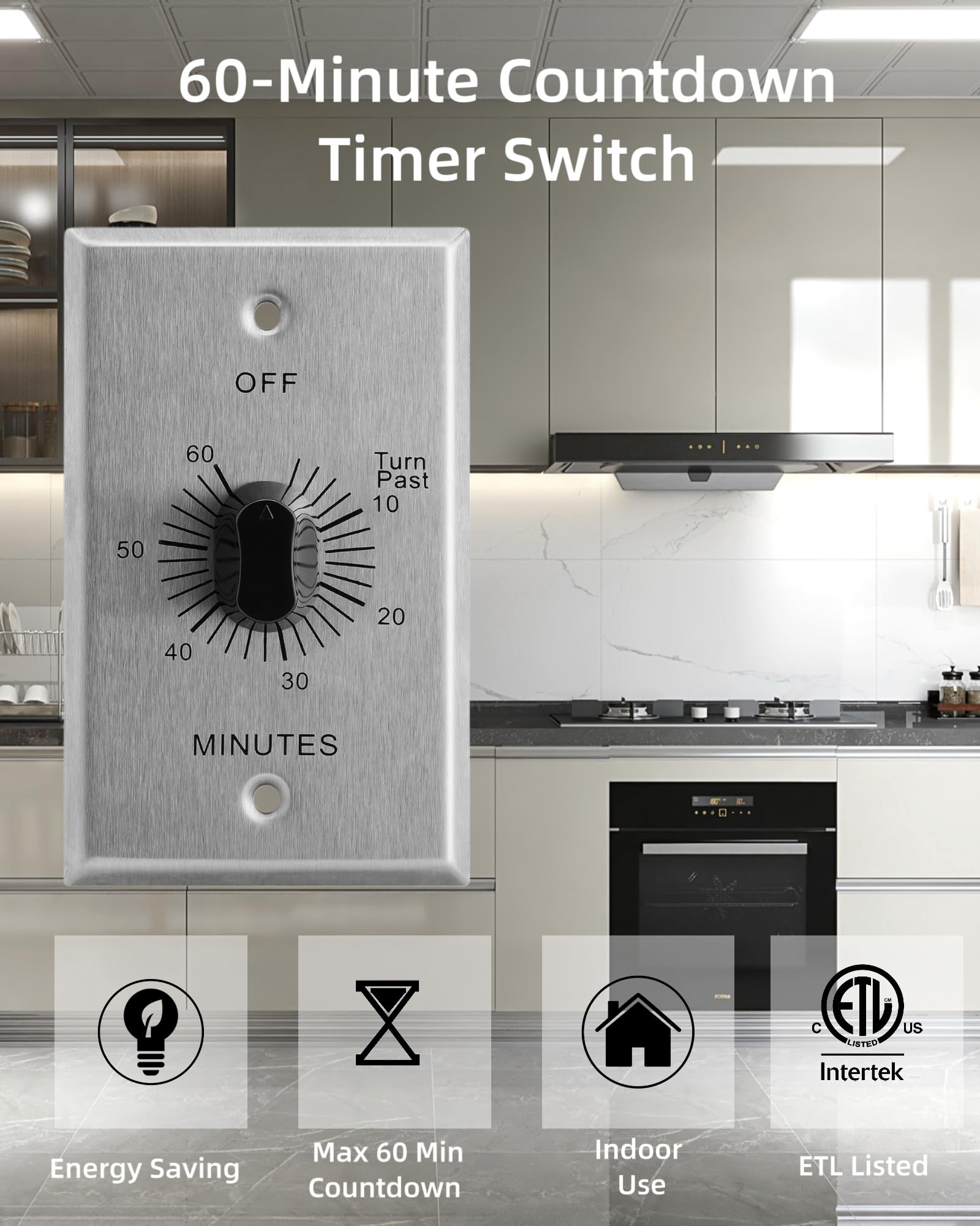 Timer da 60 minuti con conto alla rovescia a molla, timer meccanico da parete con piastra metallica in stile commerciale, non richiede neutro, elencato ETL