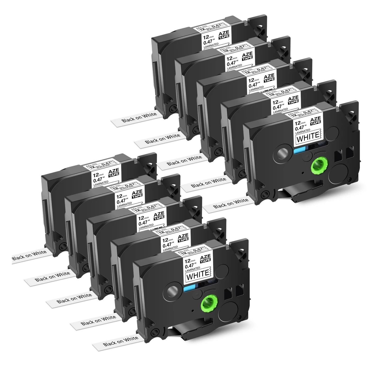 Lot de 8 ou 10 rouleaux ruban laminé noir sur blanc 12 mm, compatibles avec les étiqueteuses Brother PTouch(10PK Black on White)