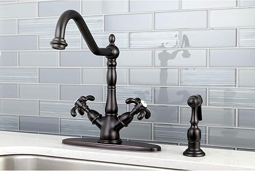 Miniatura 7 de Kingston Brass KS1238TXBS French Country - Grifo de cocina con rociador de latón, níquel cepillado