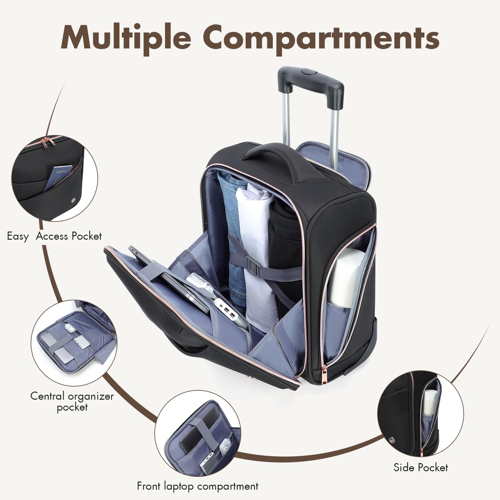 maletín para portátil de hasta 14 pulgadas, con ruedas, de nailon resistente al agua, equipaje de mano y viaje, Negro, Medium
