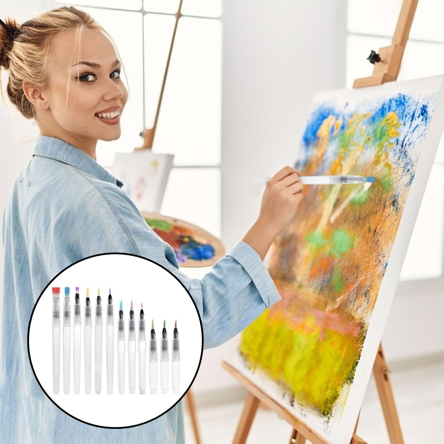 Lot De 12 Pinceaux Aquarelle Avec Réservoir Pour Peinture, Pinceaux