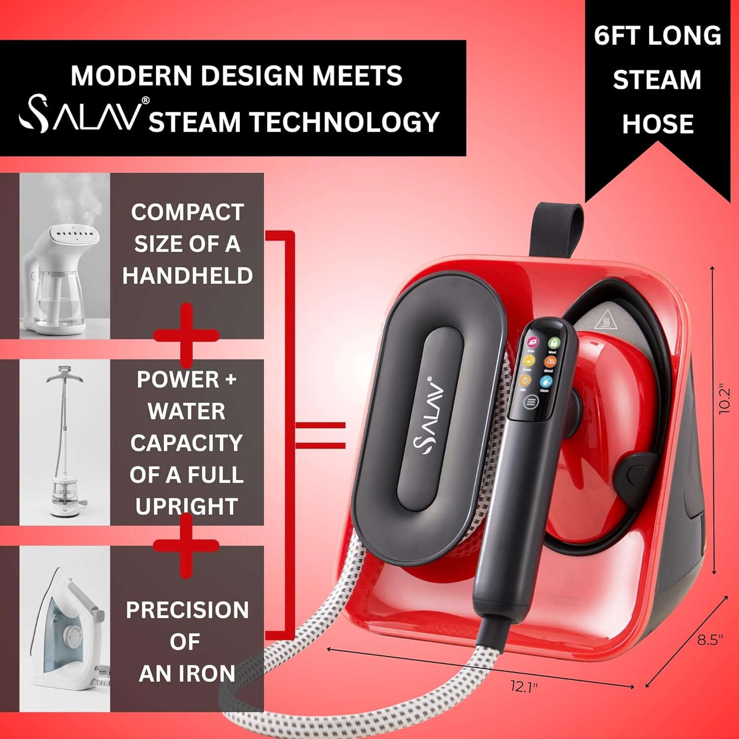SALAV DuoPress Smart Deluxe Steam Station – 2-in-1 Handheld Garment Steamer & Iron with 6ft Steam Hose, 7 Steam Levels, Digital Display, 1.1L Tank, Steam Burst, Auto-Off Safety, For Home & Upholstery
