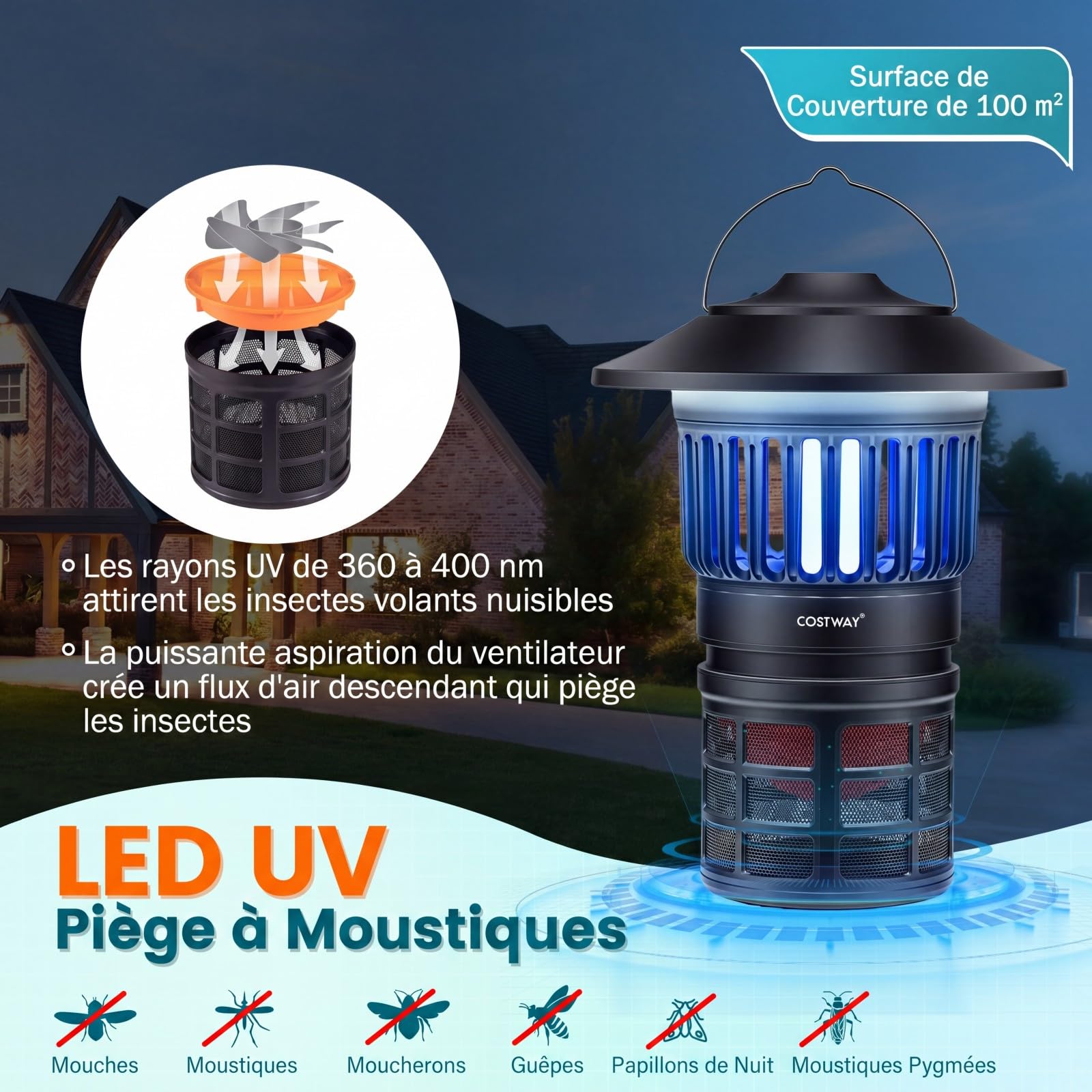 COSTWAY Lampe Anti Moustique Exterieur Interieur, Tue Mouche Electrique 100m², Éclairage Réglable, Rechargeable USB UV LED, Faible dB, Lampe Anti Insecte IPX4 pour Salon Camping Jardin Pêche