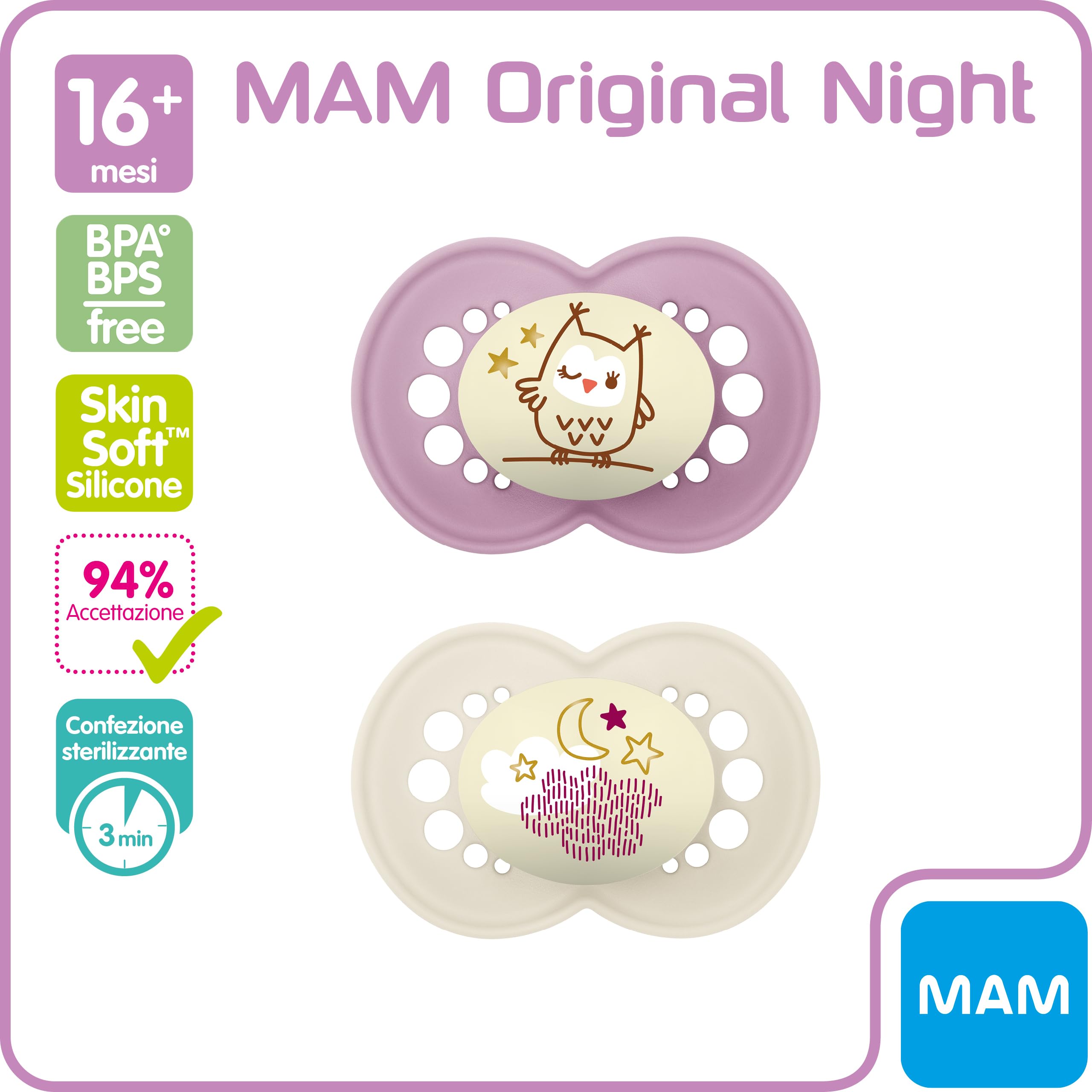 MAM Original Night Ciuccio Luminoso in Set da 2, in Silicone SkinSoft con Custodia Porta Succhietto, 16+ Mesi, Rosa
