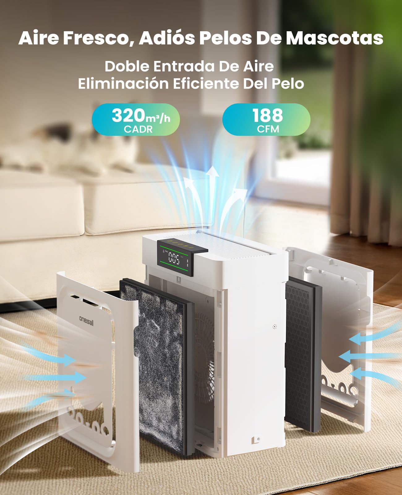 oneisall Purificador De Aire Para Mascotas, Filtros HEPA Lavables Por Ambos Lados, Para Habitaciones Grandes Hasta 204 m², Elimina Pelos, Olores, Alérgenos, Caspa, Humo & Polvo, PP02