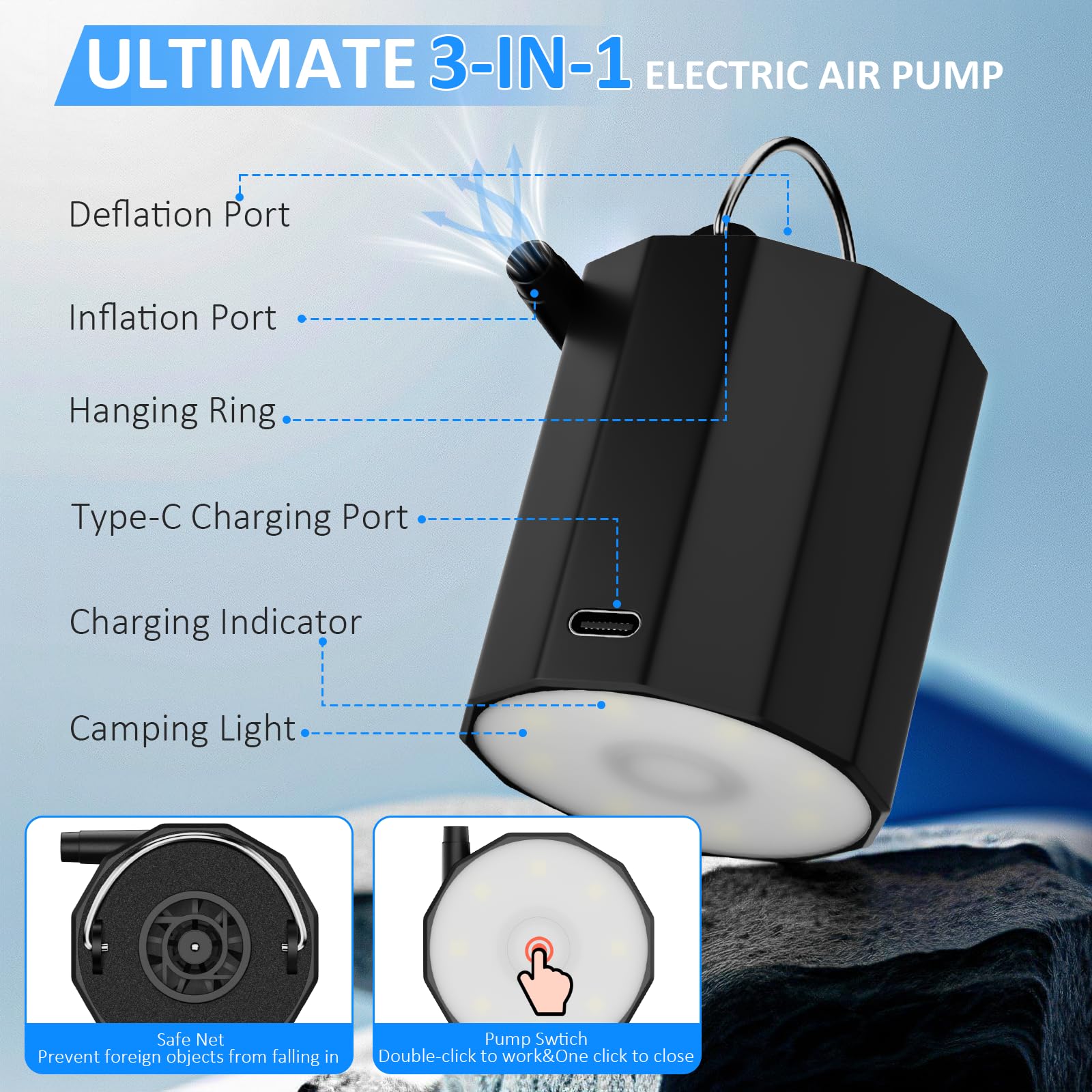 Pompa Ad Aria Elettrica Portatile Con Luce LED - Mini Pompa Ricaricabile Per Gonfiare E Sgonfiare (Materassini, Piscine, Sacchetti Sottovuoto) Con 5 Ugelli E Batteria 1600mAh