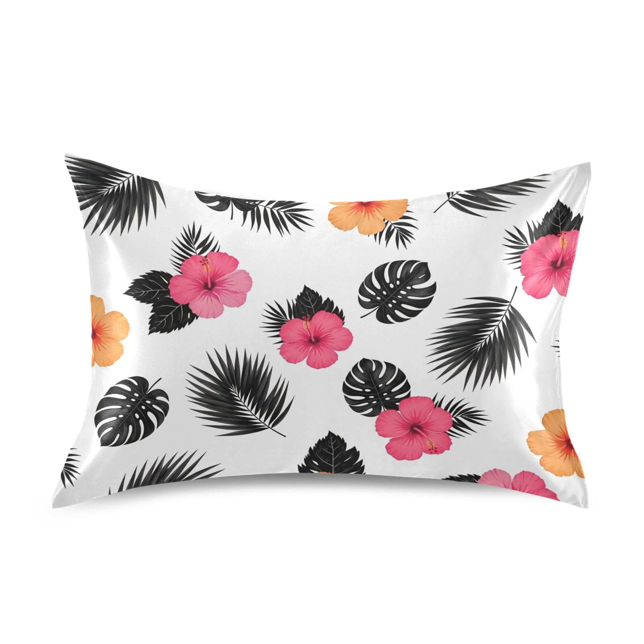 Fuauuyl Pillowcase Queen Size 20x30 in, Hibiscus Monstera Leaves Soft Breathable Satin Pillow Case for Hair and Skin with Envelope Closure Wrinkle-Free