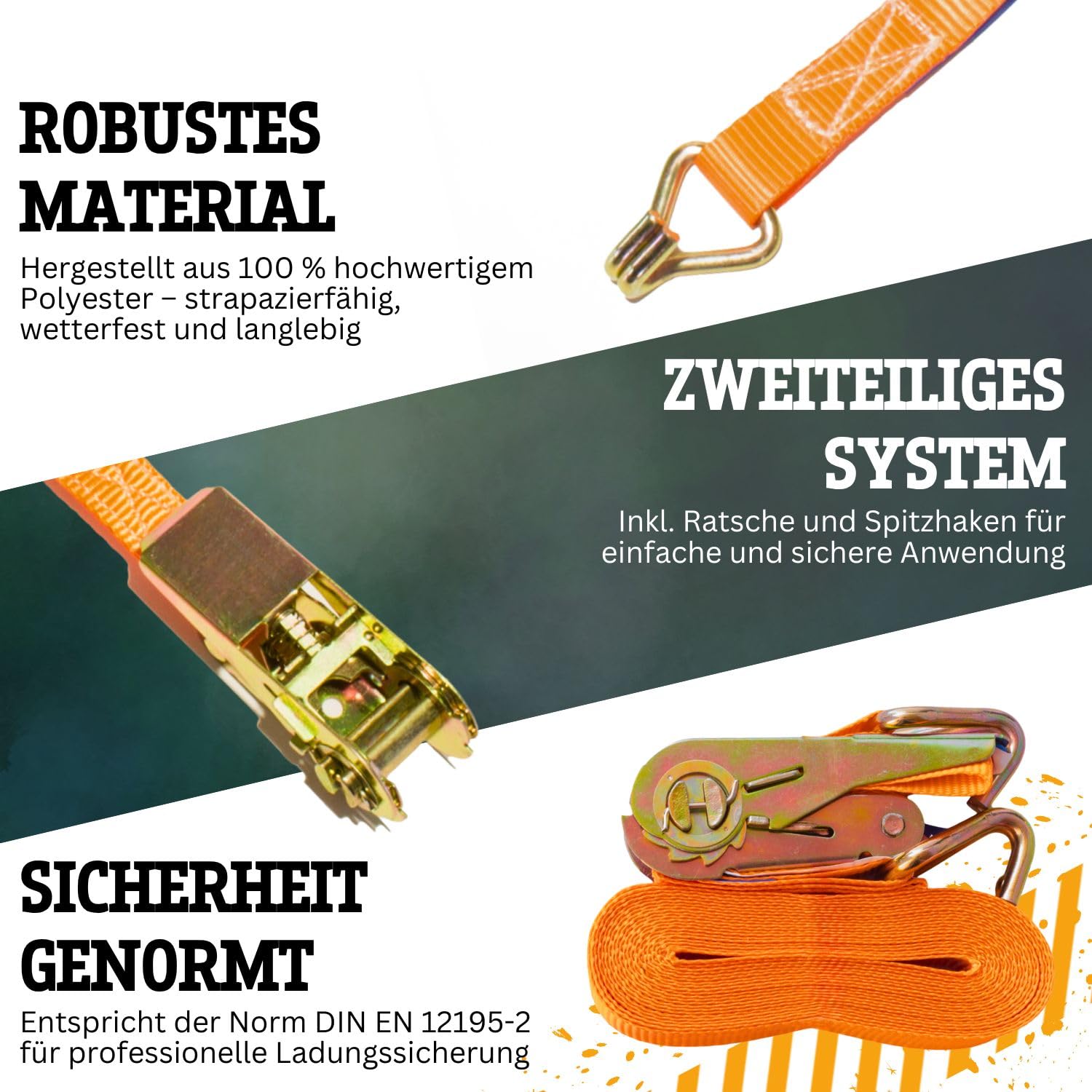 Safetytex Spanngurt mit Ratsche 2teilig - Ratschengurt 800kg - 6m x 25mm - Zurrgurt zweiteilig mit Haken und Ratsche 800 dan - perfekt für die Ladungssicherung (20 Stück)
