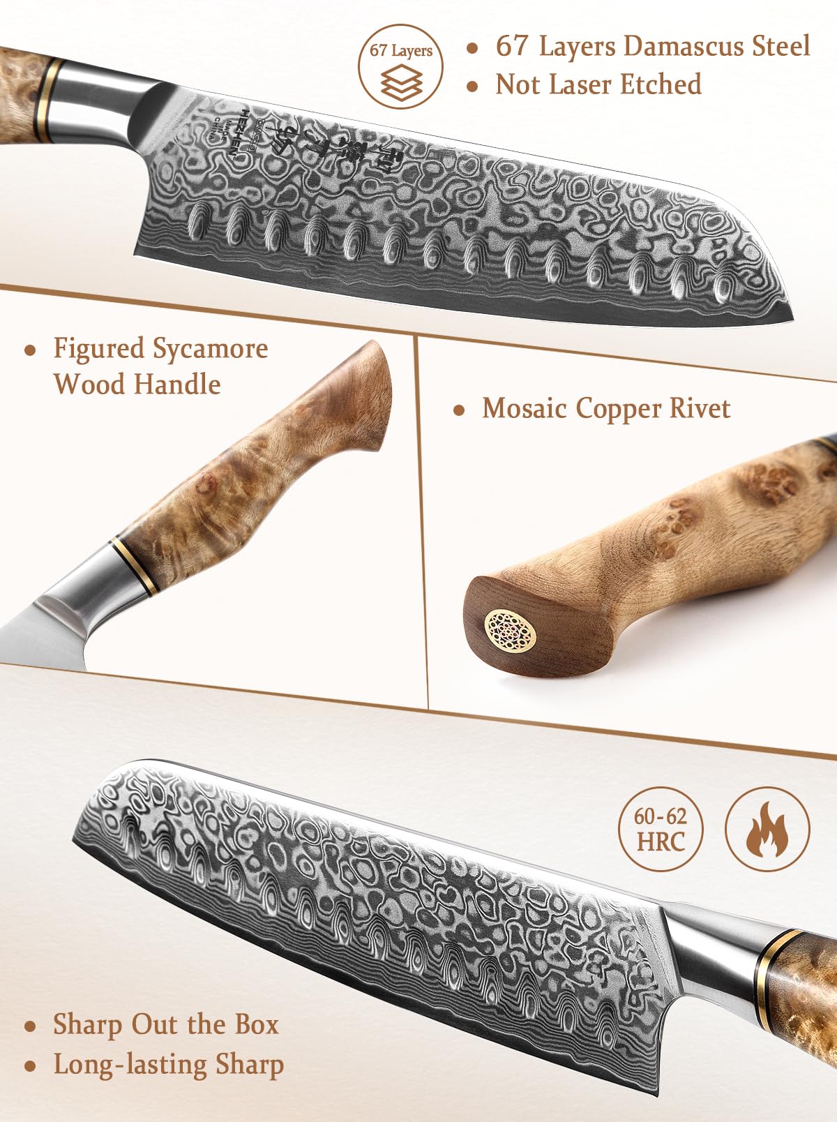 HEZHEN Nóż Santoku, Nóż Szefa Kuchni ze Stali Damasceńskiej, Azjatycki Nóż Kuchenny w Stylu Japońskim,Rękojeść z Drewna Sycamore