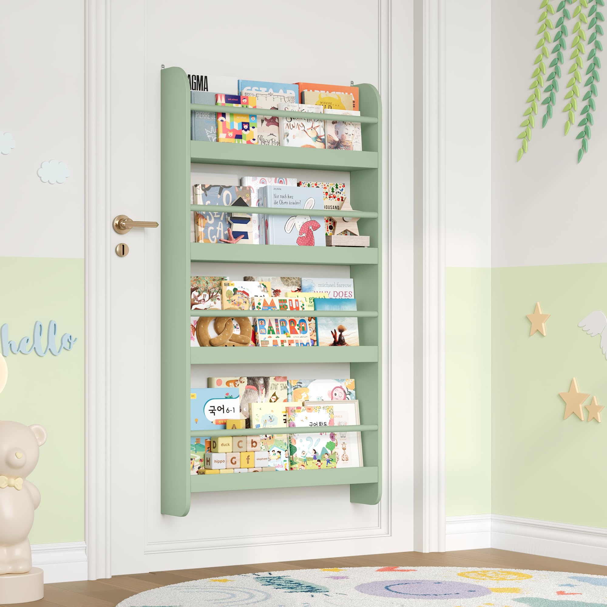 FOREHILL Estantería Infantil Pared, Estantería Infantil Libros, Librería Infantil Montessori, Madera, para Niños, 4 Estantes 111x58x12cm Verde