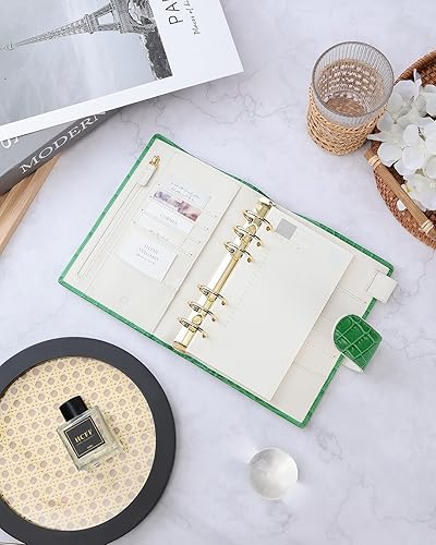 Miniatura 5 de Smartfee Organizador personal de cuero, carpeta de 6 anillos con Flyleaf, anillo dorado de 1.181 in, cuero de extracción de aceite (marrón)