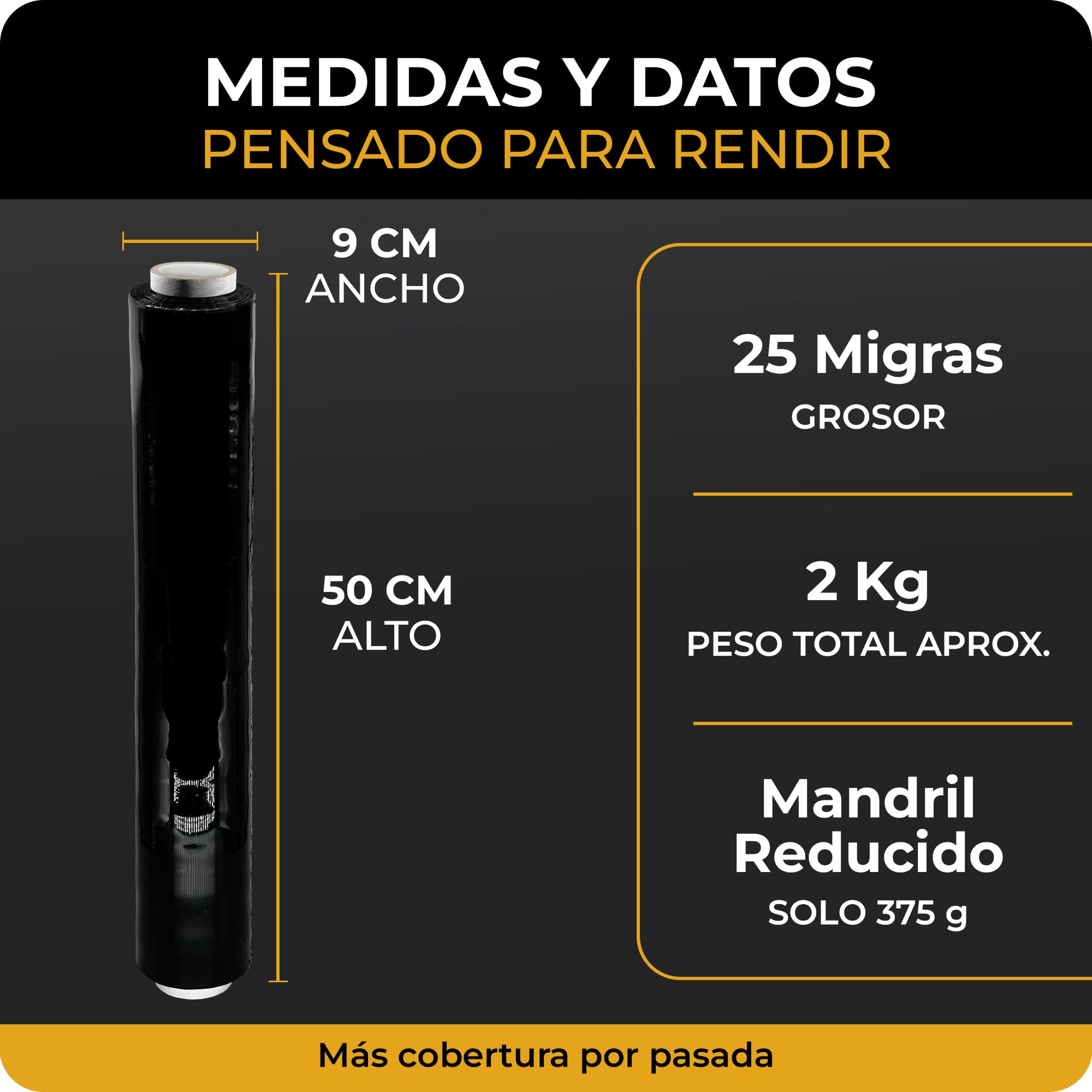 6 x Film Estirable Negro 25 Micras 50 cm x 2 Kg | Coreless System con Hasta un 20% Más Film Útil | Film para Paletizar Palets, Embalaje Profesional, Mudanzas, Almacén y Logística | Cia&Co (Pack de 6)