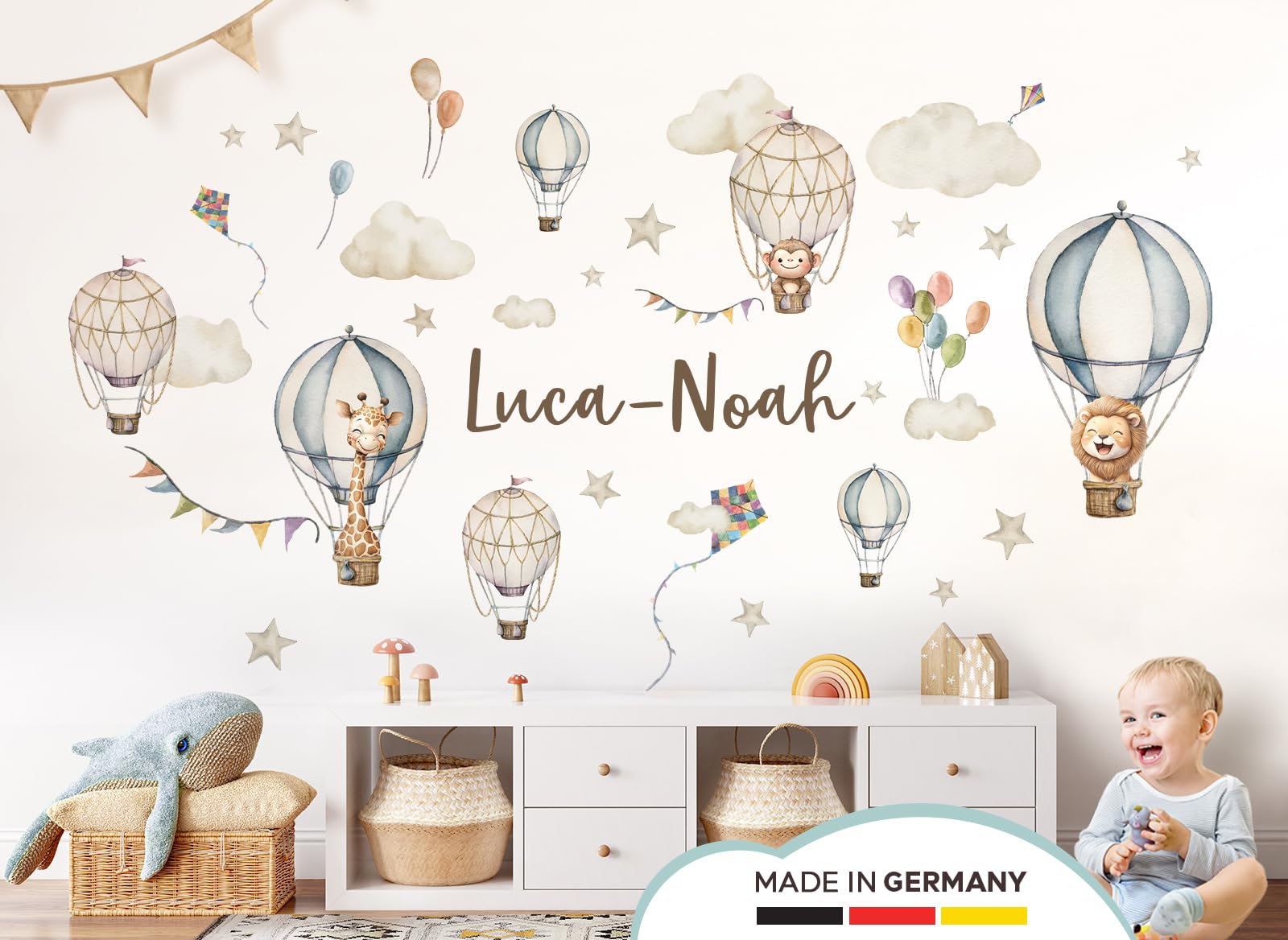 Little Deco Wandsticker Kinderzimmer Tiere Heißluftballon personalisiert Wandtattoo AFFE Löwe Wandaufkleber mit Name Babyzimmer Deko DL5094-05