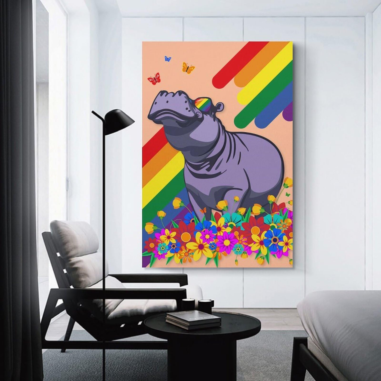 Junmoney Happy Rainbow Hippo Decorative Canvas Print 16x24inch(40x60cm), for Study, Office Or Focused Interiors, Wall Art That Adds Style to Work Areas